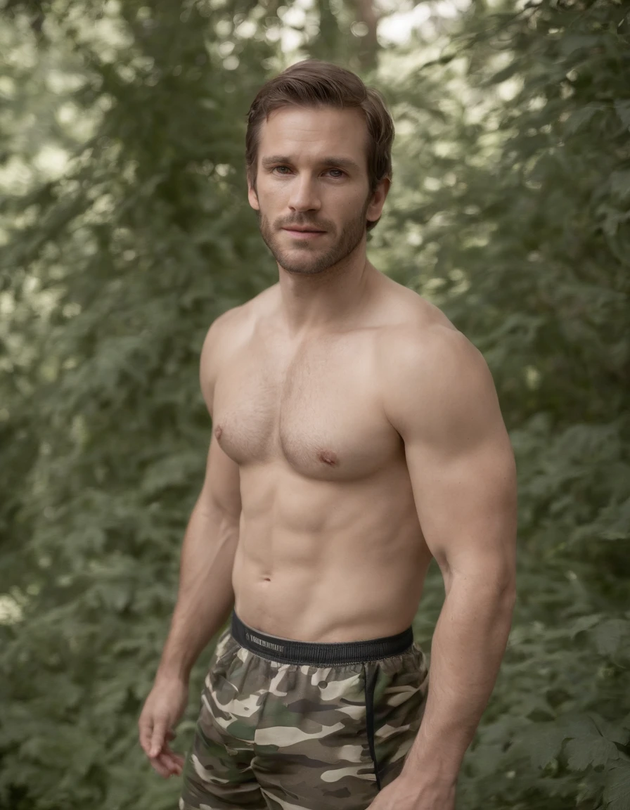 1man, (exposed whole body, only wearing camouflage boxer brief:1.4), (Joel miller), (extremely accurate facial features head shape of Joel Miller from The Last of Us) looking at viewer, masterpiece, the highest quality of all time, absurd skin texture details and quality, absurd textures quality, fujiFilm superia