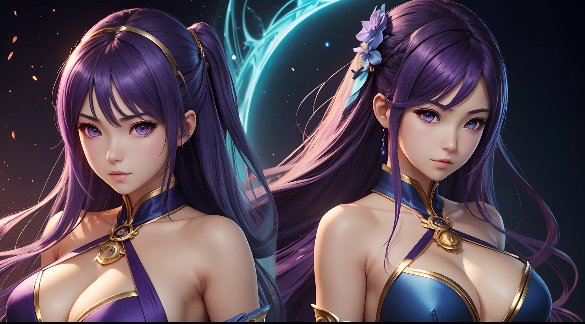 Extremely detailed artwork, highest image quality, extremely accurate rendering, portrait of beautiful girl with golden ratio face, purple hair and purple eyes, photo pose, standard body, solo, Hestia, Ayaka Genshin, blue fabric covering the chest, extremely detailed artgerm,  tsuaii, art zerochan, by Kamagurka, blue. Detailed hair, Artgerm on Artstation pixiv, smooth anime CG art