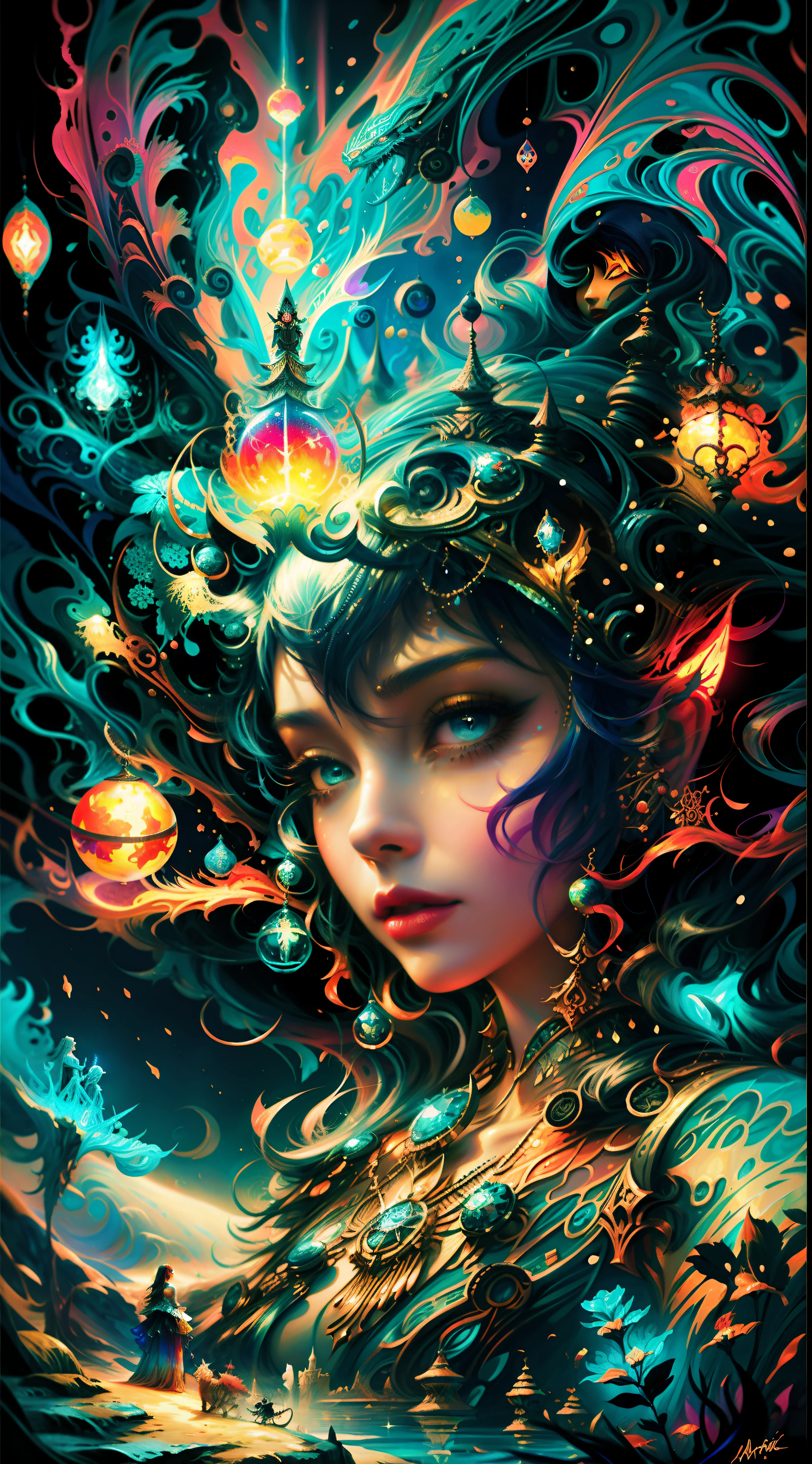 a painting of a woman with a head full of colored lights, arte digital de fantasia detalhada, arte de fantasia digital colorida, intrincada pintura digital, arte de fantasia digital 2d detalhada, Epic Fantasy Digital Art Style, arte de fantasia detalhada, arte de fantasia digital 2d, Arte digital altamente detalhada em 4k, arte fantasia behance, retrato de fantasia fosco detalhado, arte digital de fantasia, arte digital fantasia