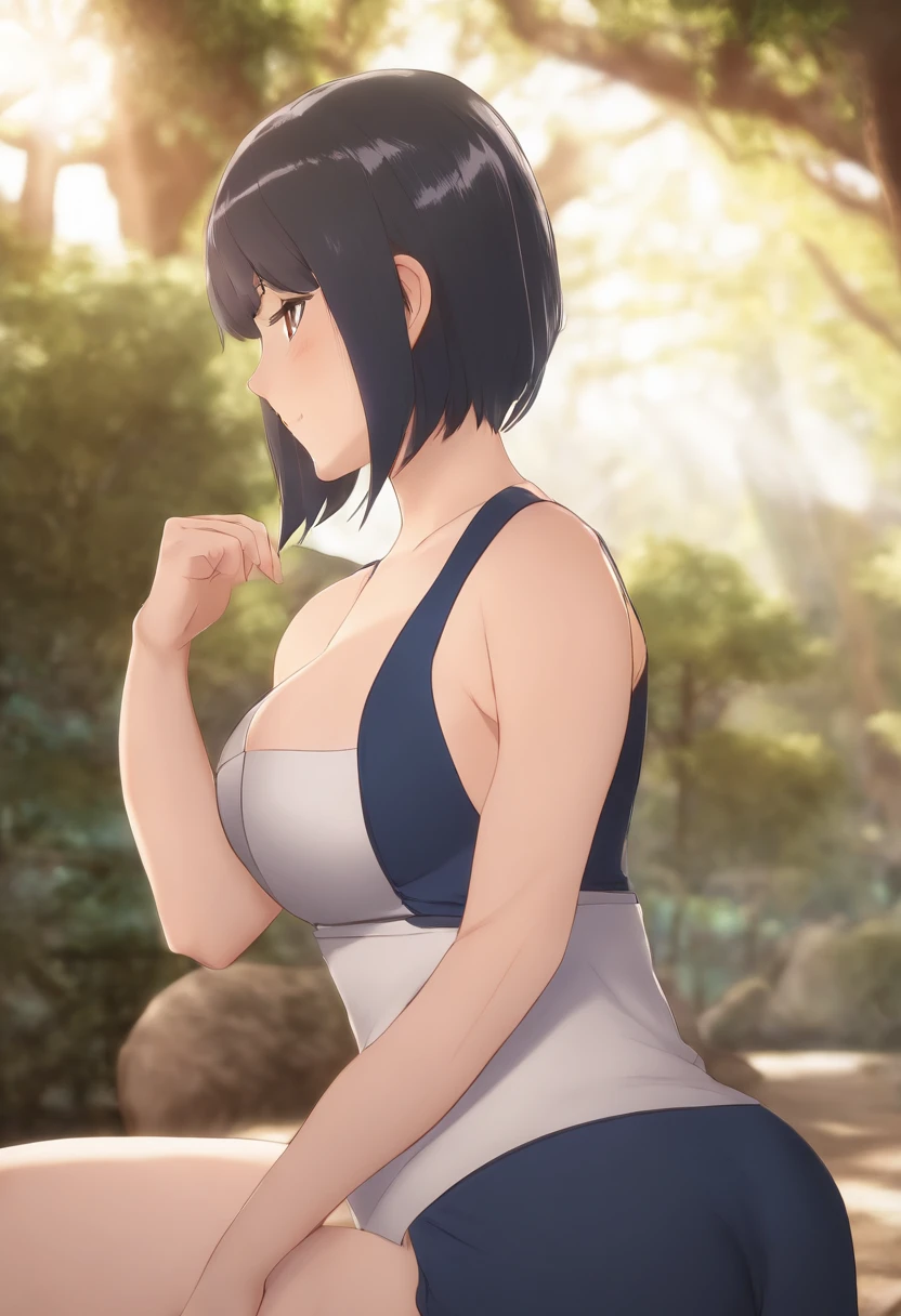 a beautiful detailed girl with short blue hair, purple eyes, hands on her attractive thighs, (full body), best quality, 4k, 8k, highres, masterpiece:1.2, ultra-detailed, realistic, photorealistic, photo-realistic:1.37, HDR, UHD, studio lighting, ultra-fine painting, sharp focus, physically-based rendering, extreme detail description, professional, vivid colors, bokeh, portraits, ass showing, ass, wearing dress, leaning on the tree