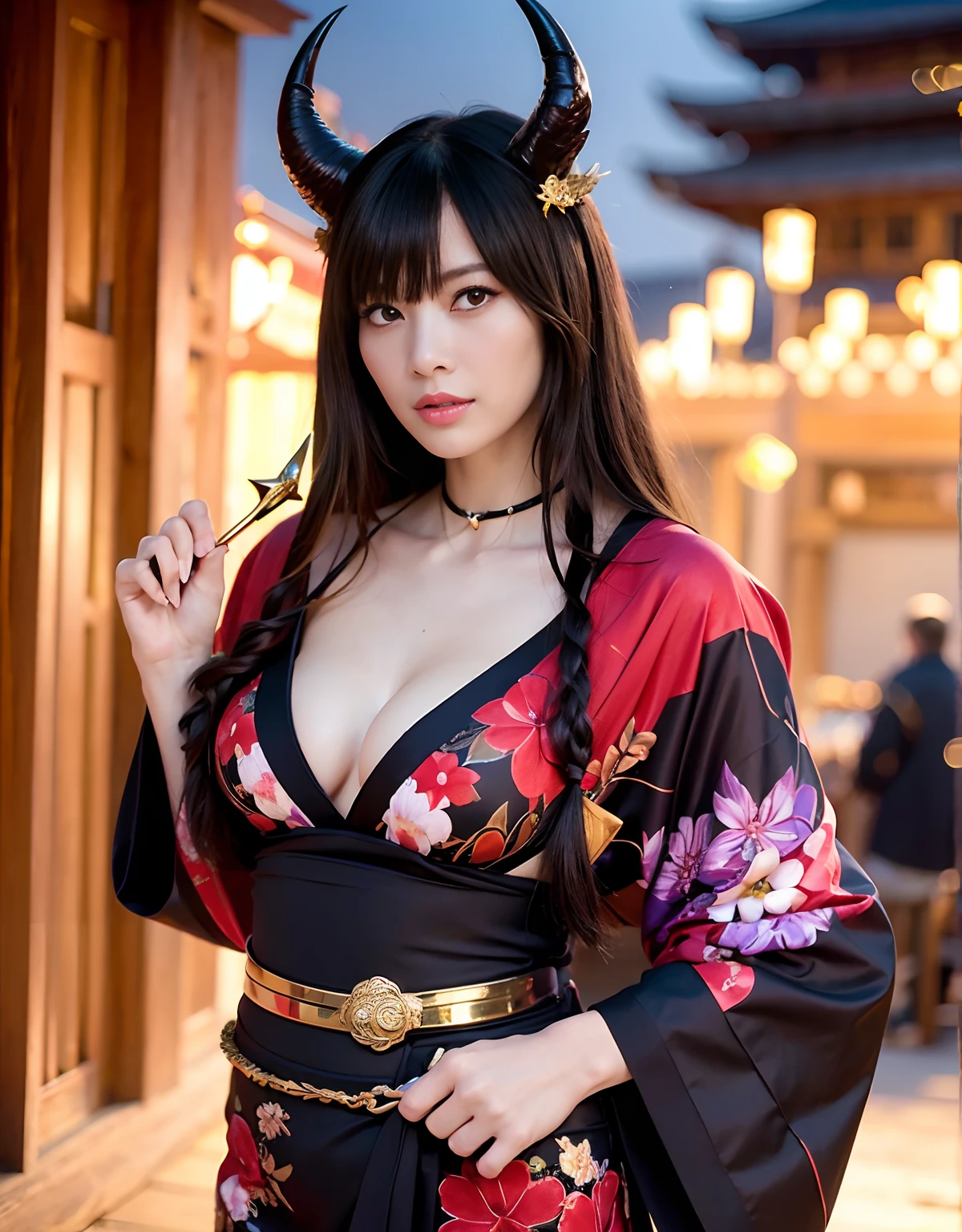 ((World of Darkness)),Professional , masterpiece、top-quality、photos realistic , depth of fields 、(sexypose)、(Black maple on the background of full bloom),(Ultimate Beauty)、A dark-haired、(shrine background)、(Kimono with beautiful pattern)、(Night background)、Beautiful hair ornament on the head、,(intense fighting),((Precipitous cliffs)),(Wear a beautiful kimono),(Wear a beautiful kimono with colorful floral patterns)、(Japan Castle Background)、Jewel Gold Weapon、Particles of light),(intense fighting)、Gorgeous gold weapons ,Castle background、(( Gorgeous Dragon Sword)) , (a dark night),,(maikurobikini) 、((Black Haired Beautiful Girl))、(Castle background)、(demonic wings)、((Gangle's forest background))、Beautiful Caucasian beauty、1a person、dynamic ungle,(((Two devil's horns on the head)))、Smaller head、Idle Smile、Thin and beautiful female hands、Mystical expression、Light Effects、intense fighting、Wind-effect、magic circles、With the legendary magic wand、Dragon's tail、