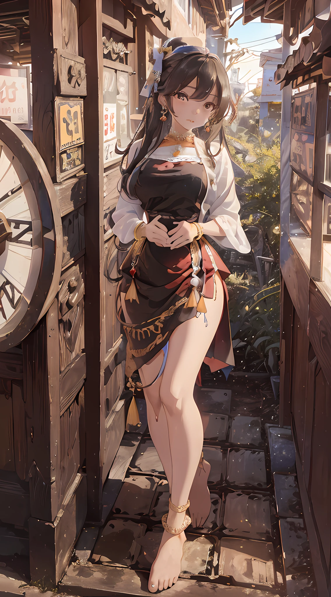 1girl, 1girl, air groove (umamusume), umamusume]], bob cut,blue eyes,eyeshadow,huge breasts, solo, masterpiece, gleaming skin, super detailed skin, shiny hair, glamorous, happy smile,steam,sweat,dirndl,pubic hair, full body,standing,horse tails,garden,huge nipples,large areolae