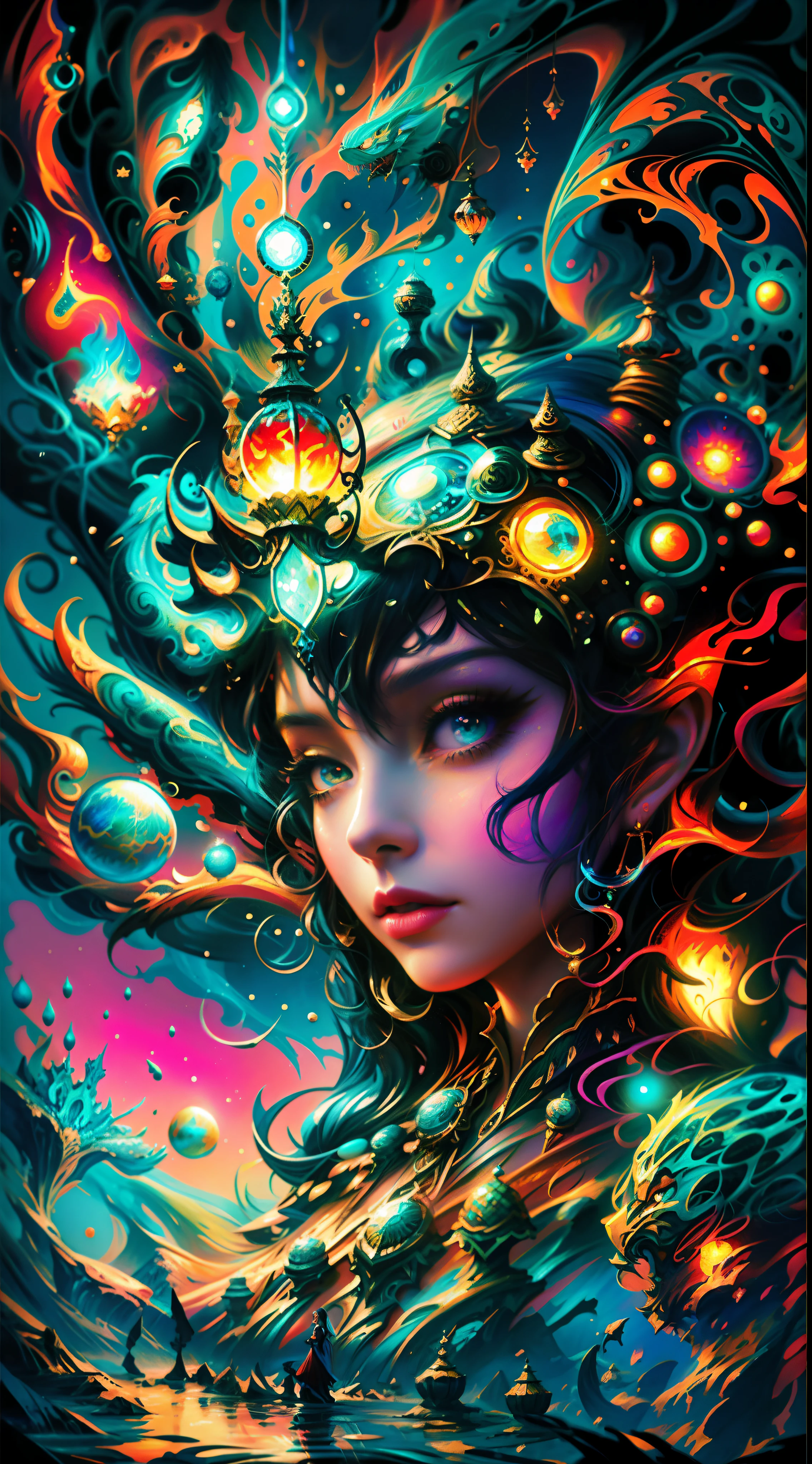 a painting of a woman with a head full of colored lights, arte digital de fantasia detalhada, arte de fantasia digital colorida, intrincada pintura digital, arte de fantasia digital 2d detalhada, Epic Fantasy Digital Art Style, arte de fantasia detalhada, arte de fantasia digital 2d, Arte digital altamente detalhada em 4k, arte fantasia behance, retrato de fantasia fosco detalhado, arte digital de fantasia, arte digital fantasia