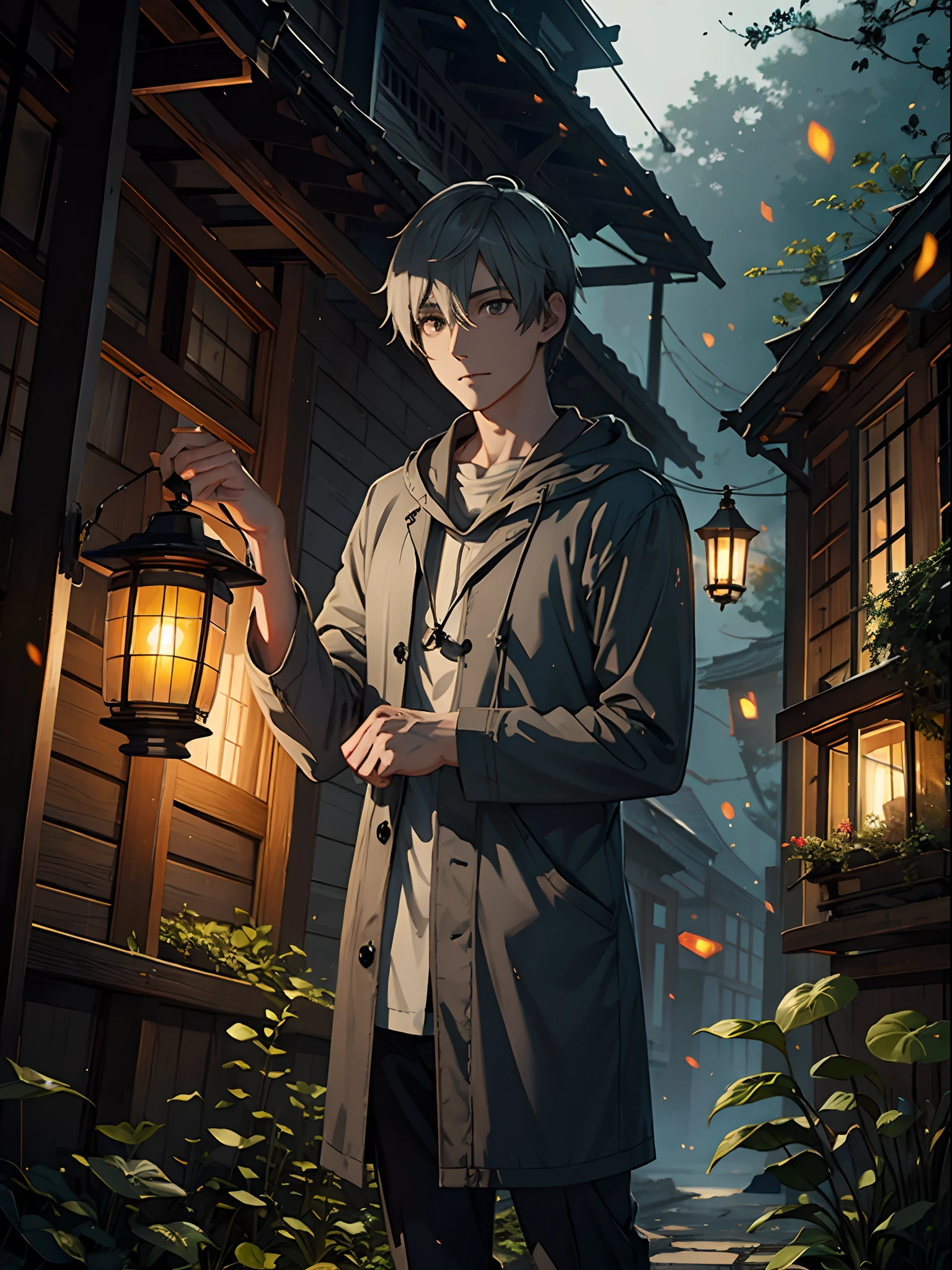 gray, dense mist, fireflies, vintage lantern, anime guy