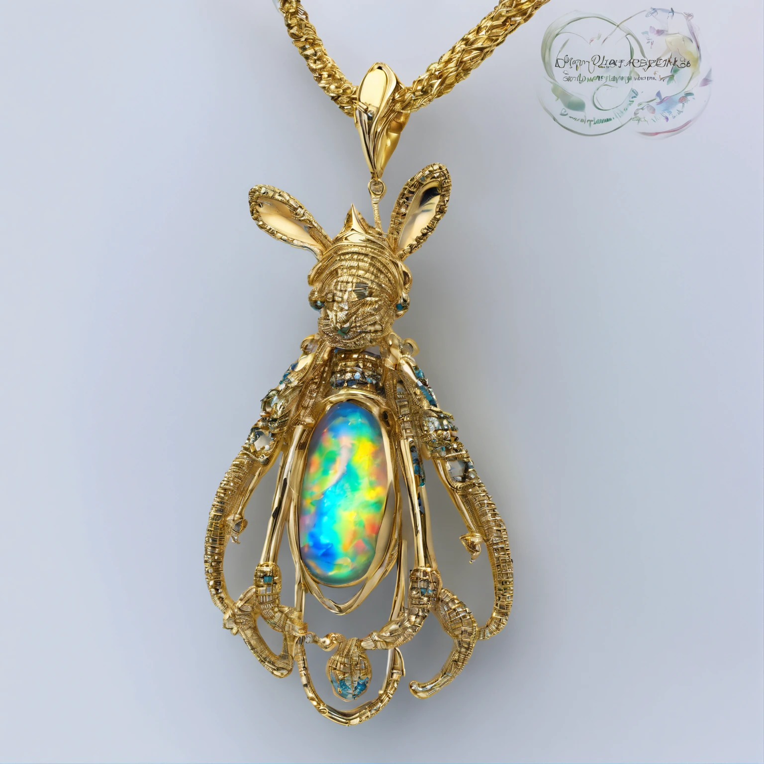 [[Hanging with Boulder Opals:1.5]],Bunny pendant woven with gold thread, edgBunny, European style, Traditional weaving techniques, Small size, Set with Boulder Opals and blue diamonds, blue diamond，K resolution on the bulb – no soldering required