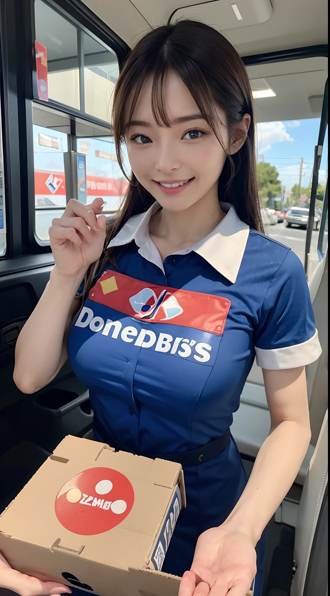 {8K Photo Quality:1.2}、{Ultra-high resolution photo quality:1.2}、{Super Real 1.2}、{Perfect limbs}、{japanes}、masutepiece、NSFW、1womanl、Wearing a Domino's Pizza uniform、Serving customers with a smile