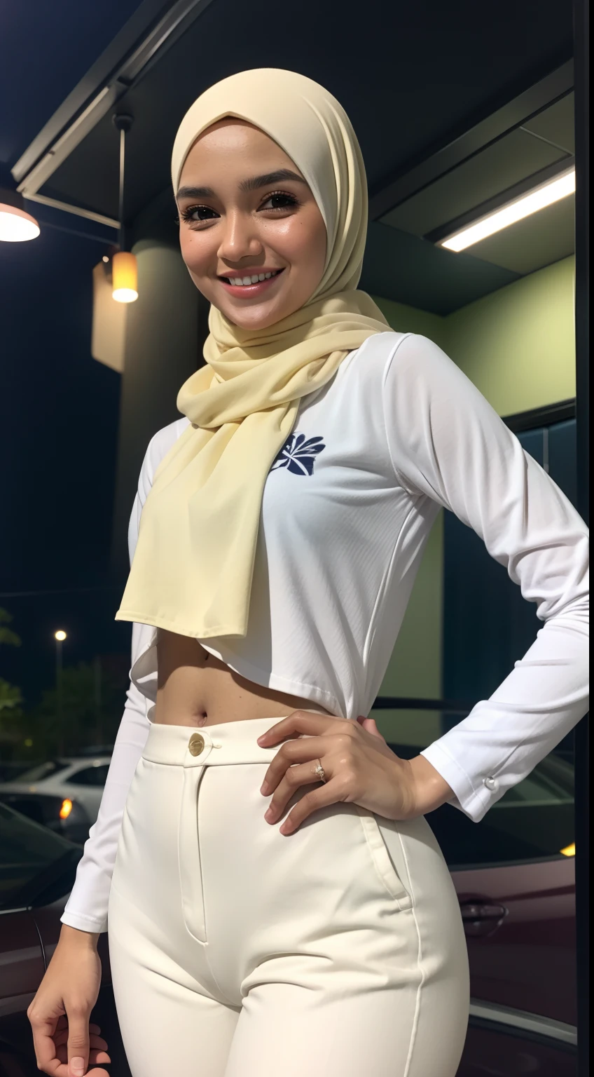 Malay girl in hijab, wear small floral pastel white color shirt and High Waist Plicated white Suit Pants , laughing and posing with both hand on top of her head, touching her own head, wear backpack, front view, hijab blown, windy, detail skin, age spot, detail skin texture, mole below eyes, small breast, flat chest, wide hips, small waists, thick thighs, slim abs, beautiful body, nighttime, laughing, happy, bright lighting, college student in background, crowded cafe, blur background, bokeh,