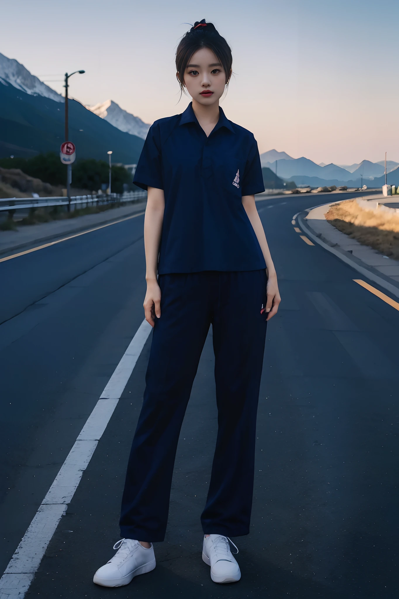 masterpiece, best quality, ultra realistic, hyper-detailed, 8k resolution, RAW photo, sharp focus, (1girl in mountain), ((navy shirt:1.1)), short sleeves, long trackpant,full body pose, solo, perfect body, mature female, 21yo, cinematic light,white shoes