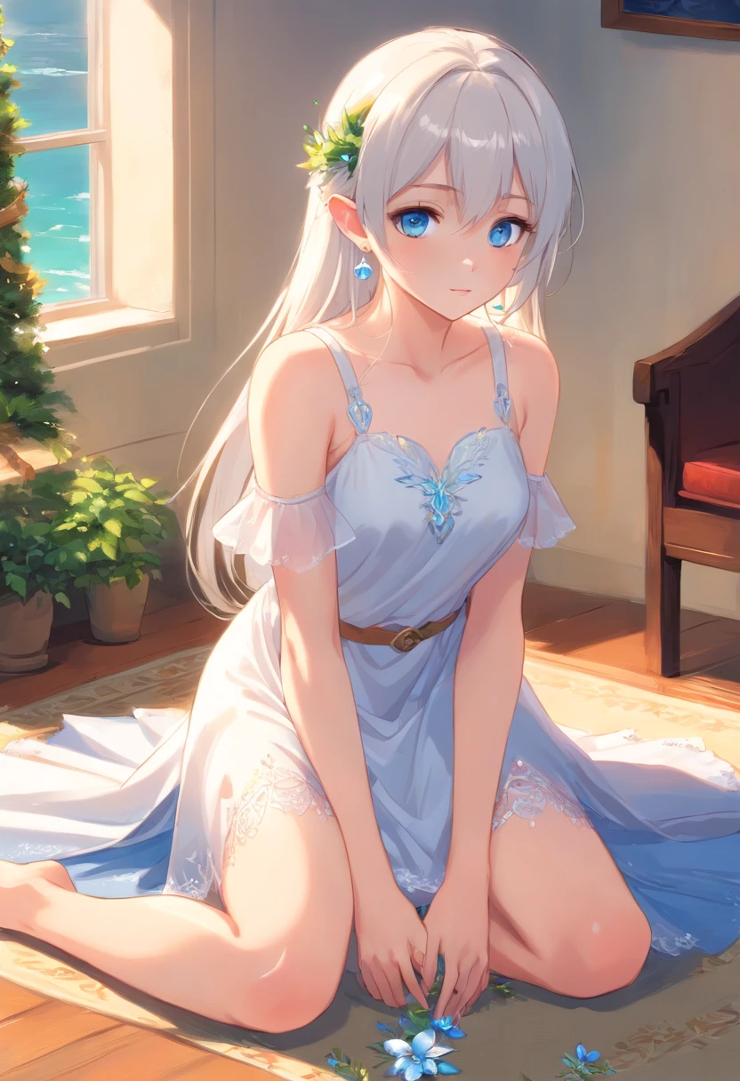 1 Elf Girl, small breasts, white hair, long hair, blue eyes, earrings, white Greece dress, translucent dress, wreath, Sits on the carpet, barefoot, anklets,