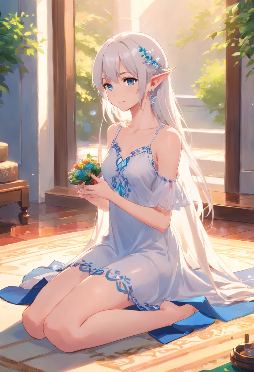 1 Elf Girl, small breasts, white hair, long hair, blue eyes, earrings, white Greece dress, translucent dress, wreath, Sits on the carpet, barefoot, anklets,