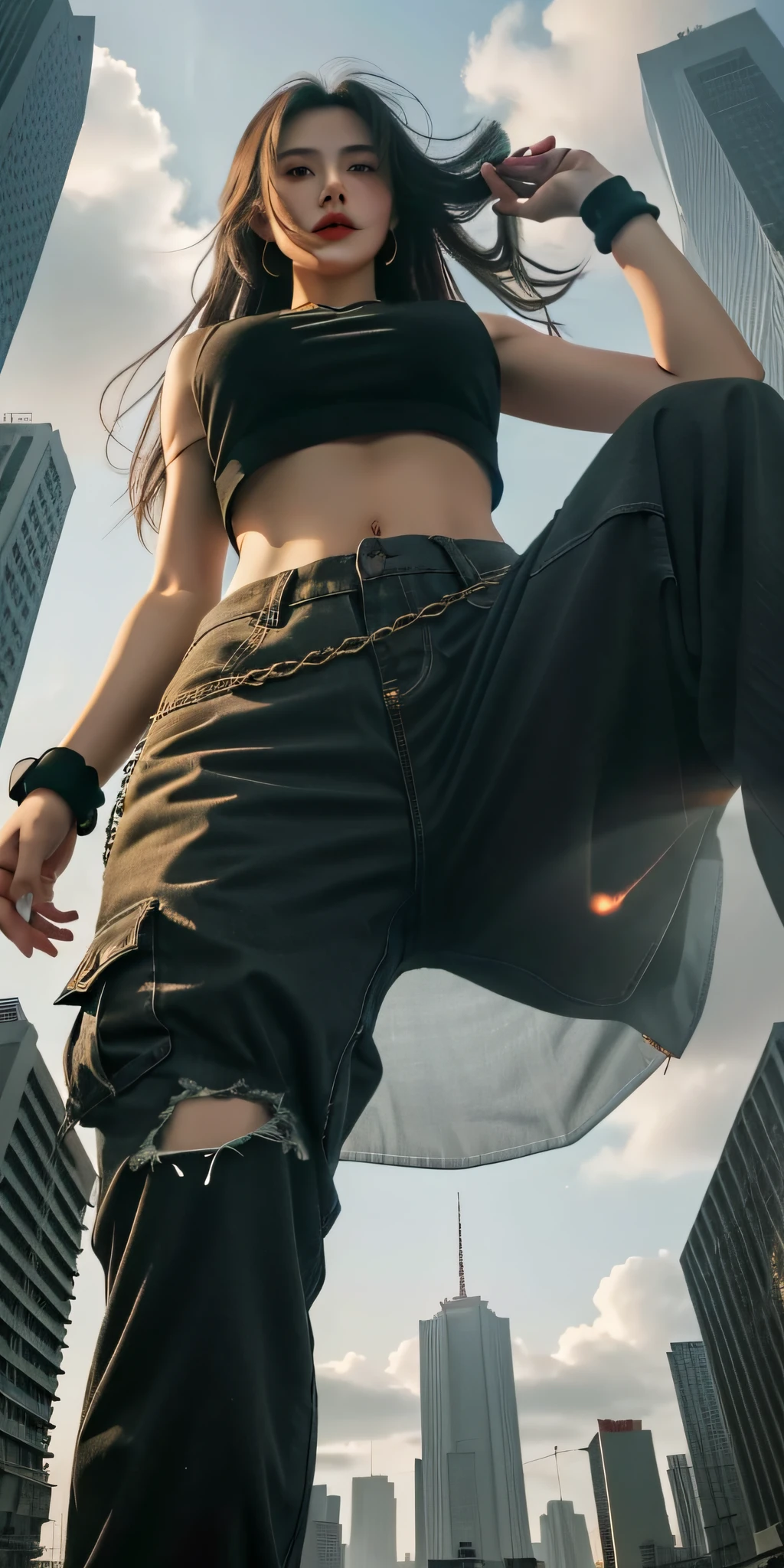 tmasterpiece，best qualityer，Realisticstyle，A towering giantess dressed in a cool and laid-back hippie style，Rocking crop top and baggy pants。Her toned and athletic figure hints at her great strength。She seems to wander carelessly through the bustling cityscape of GTS City，Towering buildings loom overhead。Smoke and clouds raged around her，Add an epic sense of scale and drama。The lights are dark，Gloomy，Photorealsitic，Creates a tense and ominous atmosphere。The viewing angle is from below，The sheer majesty and power of the giantess is emphasized。