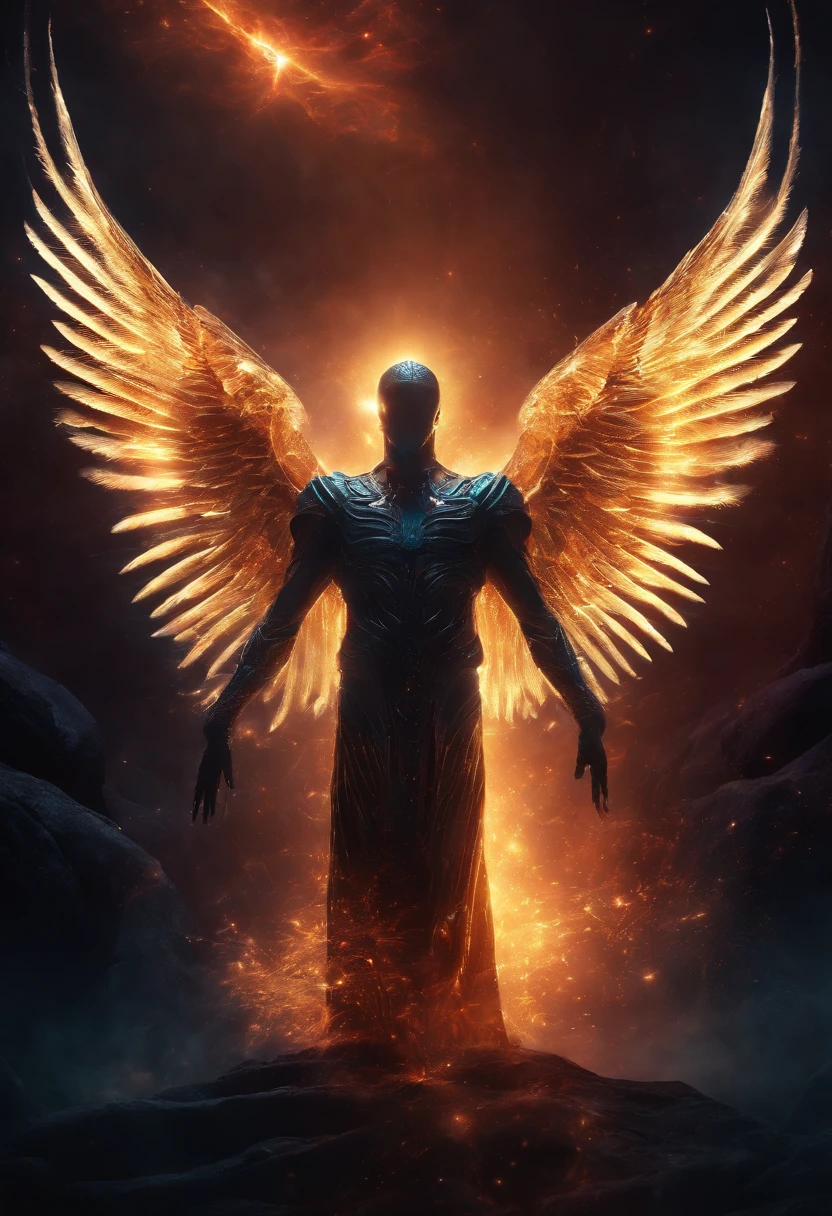 Cosmic Fallen Angel, glowing light eyes, Biomechanical, eerie, Creepy, nightmarish, Very bright colors, Light particles, with light glowing, Mshiff, wallpaper art, UHD wallpaper