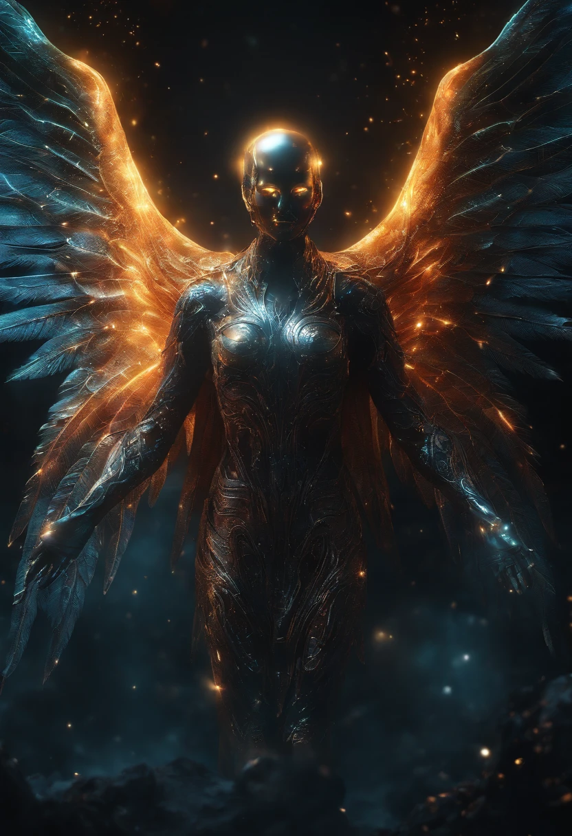 Cosmic Fallen Angel, glowing light eyes, Biomechanical, eerie, Creepy, nightmarish, Very bright colors, Light particles, with light glowing, Mshiff, wallpaper art, UHD wallpaper