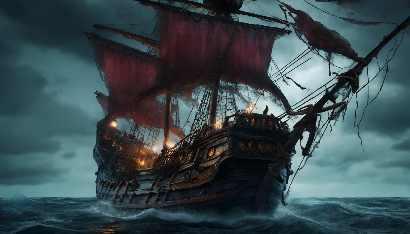 Large ghost pirate ship,Old and dilapidated wooden boats,The sails are tattered,There is fog all around,Moonlit night on the high seas,Ghostly figures roam the ship,An unforgettable aura,Swirling mist,The squeak of the ship,Skulls and bones scattered on the deck,Lanterns twinkling in the dark,Violent waves crashed against the boat,Thunder and lightning light up the sky,Blood-red full moon,A shipwreck treasure hidden in the depths,Broken compass,Creepy mermaids lure sailors,Ominous existence,eerie silence,Billowing black smoke,Whispering of the past,Rotten nets hanging from the mast,Captain Ghost in tattered clothes,otherworldly glow,Hidden messages in old maps,The crimson sea serpent hovered over the boat,Rum barrels roll on deck,Shells ready to be fired,Paranormal,Ominous atmosphere,Voodoo spell book,Dilapidated telescopes,The deck is covered with algae and moss. (Best quality, 4K, A high resolution, Masterpiece:1.2), Ulla detailed, Realistic, hdr, Strong chiaroscuro lighting effects, Vivid colors and contrast, Mysterious color palette, Spooky atmosphere, Dramatic shadows, ethereal glowing, Ghost reflection on the water.