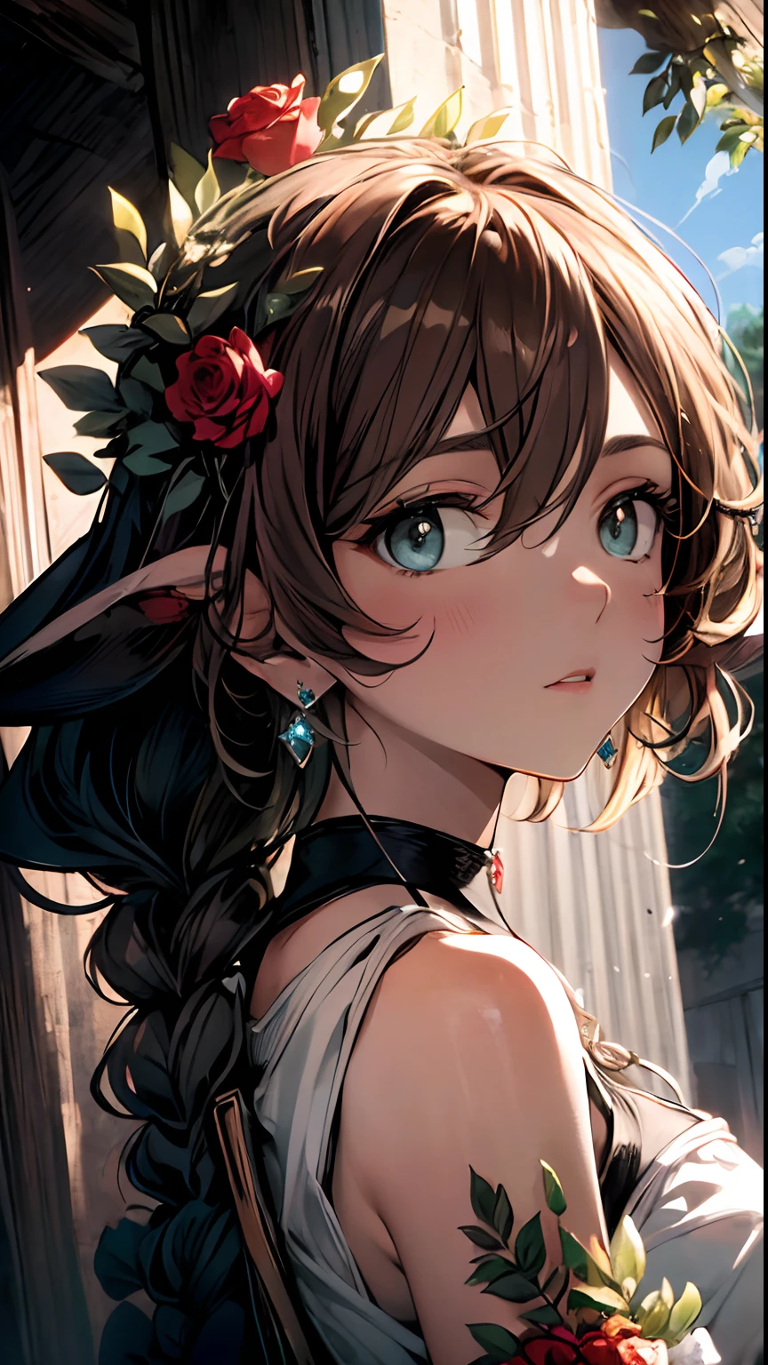 (Best quality, 4K, 8K, A high resolution, Masterpiece:1.2), Ultra-detailed, Noble maiden, Exquisite facial features,Brown curly hair long hair details expressed, Graceful posture, Dreamy atmosphere, expressive brush strokes, mystical ambiance, Artistic interpretation,Delicately coiled hair,Floral jewelry with exquisite details, Crystal diamond jewelry,Small fresh aesthetics,Stunning intricate costumes, Fantasy illustration, Subtle colors and tones, The details have been upgraded