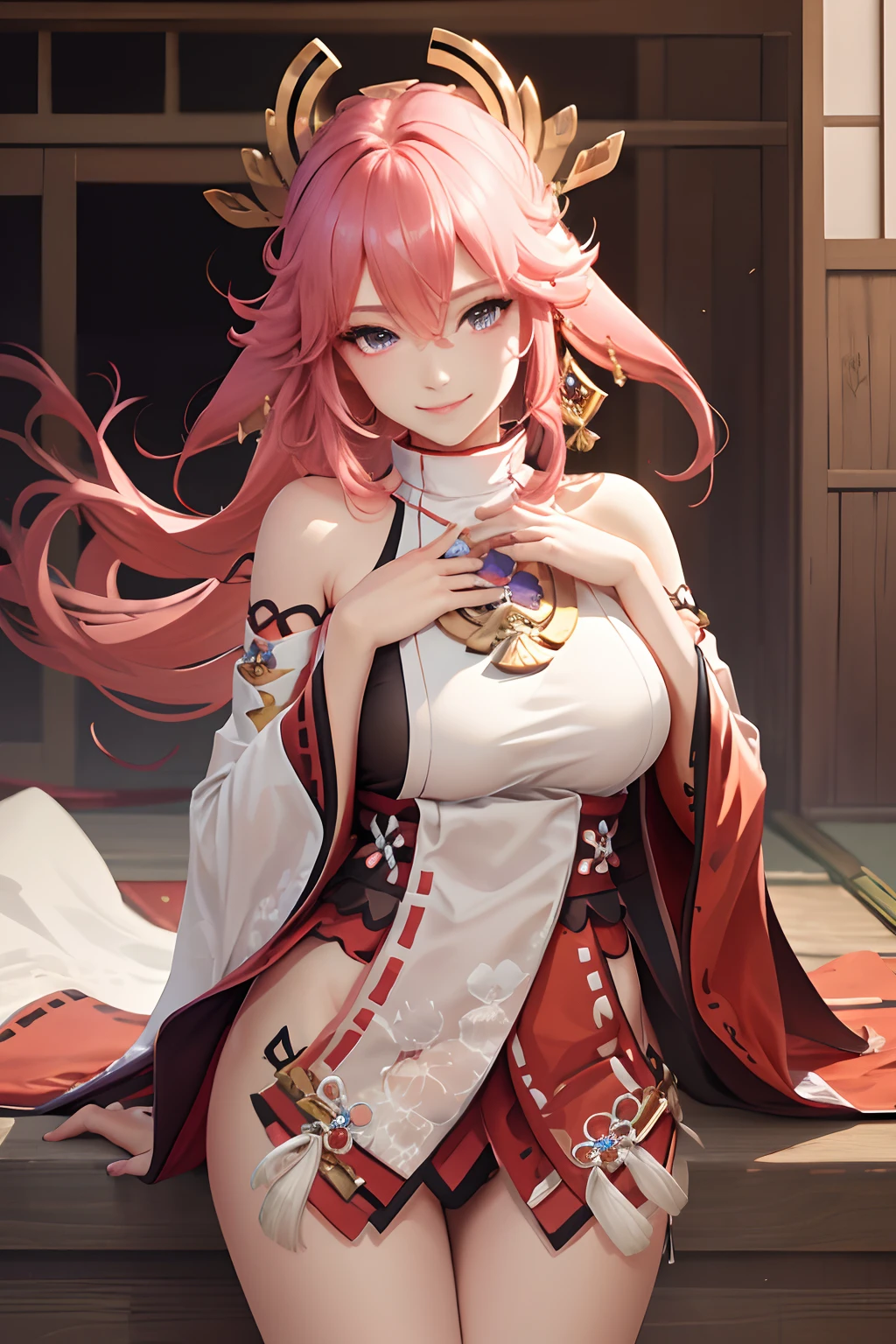 One Girl， （Urzan-6500：0.7）， K-POPアイドル， yae miko， ， Exposed bare shoulders， Pink Hair， Long white hair， Japanese Clothing， The best quality in the best condition， （da pintura：1.5）， （hair ornaments：1.35）， gem， Purple eyes， 耳Nipple Ring， ， Written boundary depth， Detailed face， Face Focus， ribbon_trim， （View your audience：1.25）， Non-traditional Shrine Maiden， Shiny skin， Long sleeve， Thick lips， Game CG， （Blur the background：1.2）， ，  whole body、、One Girll, , ,masterpiece, Highest quality, Very detailed,Knee-high socks、Long white elbow gloves