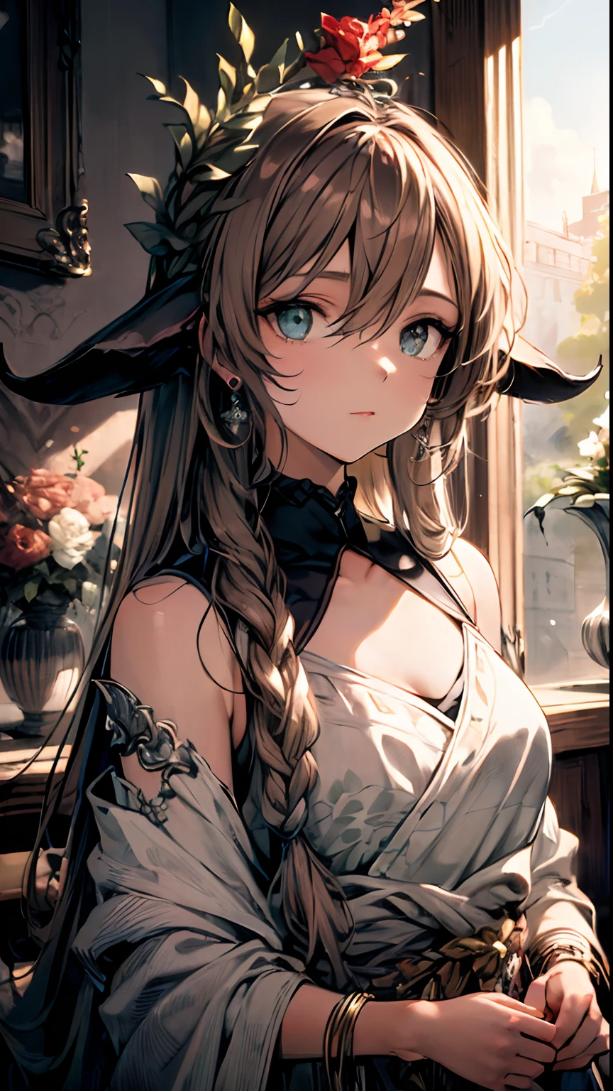 (Best quality, 4K, 8K, A high resolution, Masterpiece:1.2), Ultra-detailed, Noble maiden, Exquisite facial features,Brown curly hair long hair details expressed, Graceful posture, Dreamy atmosphere, expressive brush strokes, mystical ambiance, Artistic interpretation,Delicately coiled hair,Floral jewelry with exquisite details, Crystal diamond jewelry,Small fresh aesthetics,Stunning intricate costumes, Fantasy illustration, Subtle colors and tones, The details have been upgraded