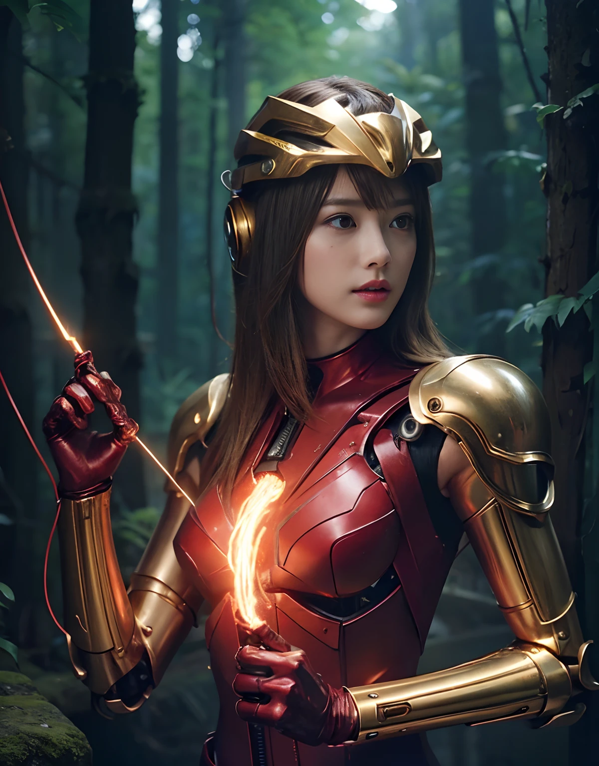 (1 Mechanical Girl)、top-quality、​masterpiece、超A high resolution、(Photorealsitic:1.4)、Raw photo、女の子1人、Golden hair、glowy skin、(((1 Mechanical Girl)))、With a beautiful knife、（Red Metal Bodysuit）、(beautiful forest background)、Precipitous cliffs、(Small LED)、((super realistic details))、portlate、globalillumination、Shadow、octan render、（One-Eyed Scouter）、8K、ultrasharp、Colossal tits、Raw skin is exposed in cleavage、metals、Details of complex ornaments、Japan details、highly intricate detail、Realistic light、CGSoation Trends、Red Eyes、radiant eyes、Facing the camera、neon details、(Mechanical limbs)、(blood vessels connected to tubes)、Mechanical vertebrae attached to the back、mechanical cervical attaching to neck、(Wires and cables connecting to the head)、Gundam、Small LED、,Mechanical thighs、Toostock、（Hands are also made of machines）、