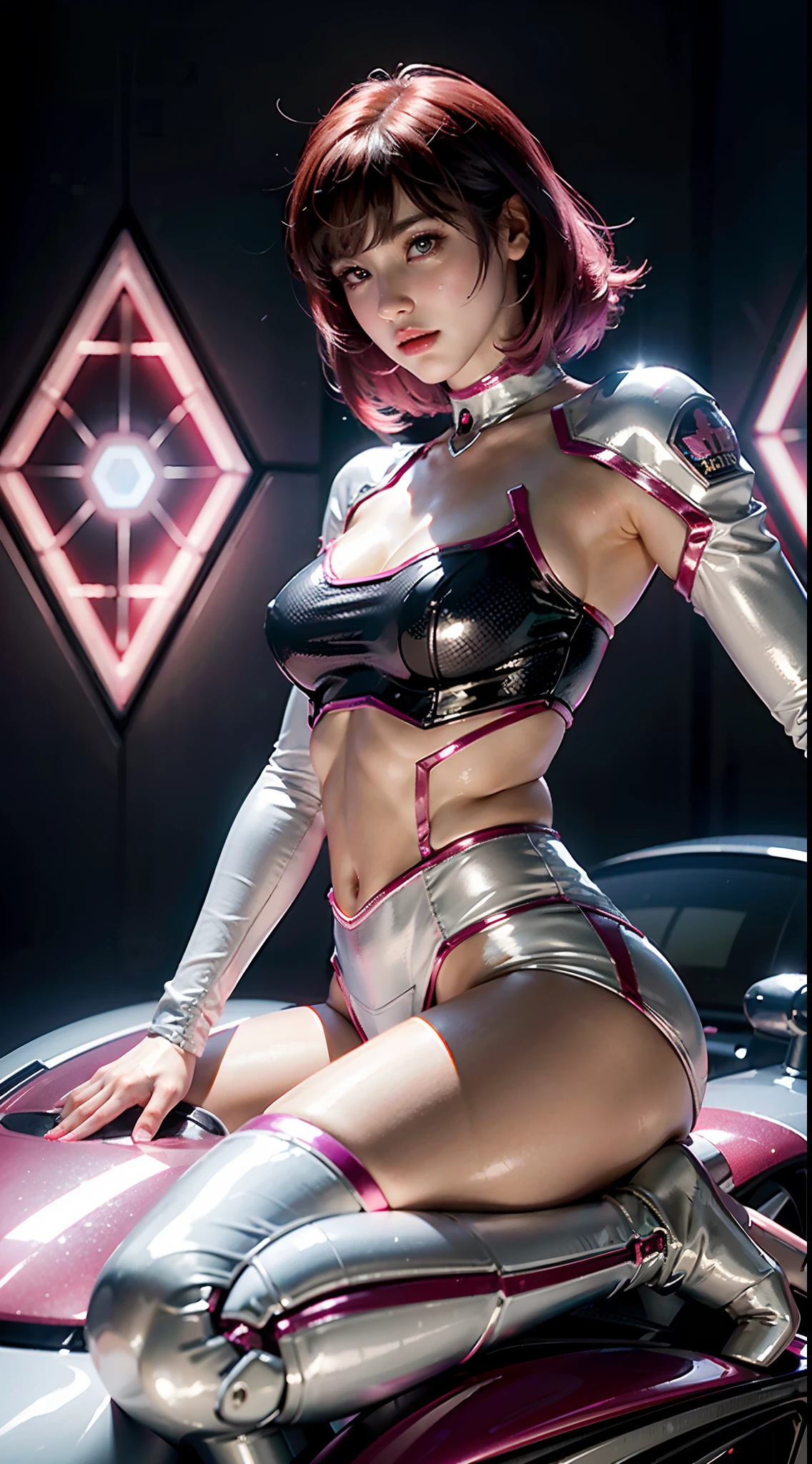 RAW, Masterpiece, Ultra Fine Photo,, Best Quality, Ultra High Resolution, Photorealistic, Sunlight, Full Body Portrait, Stunningly Beautiful,, Dynamic Poses, Delicate Face, Vibrant Eyes, (Side View) a close up of a woman in a pink and white gundam custume, dybamic pose, Short pink hair, girl in mecha cyber armor, portrait armored astronaut girl, d. va from overwatch, female mecha, on a gundam, gundam head, chiho aoshima color scheme, mobile suit, streamlined pink armor, fully robotic!! girl, realistic cosplay, gundam armor