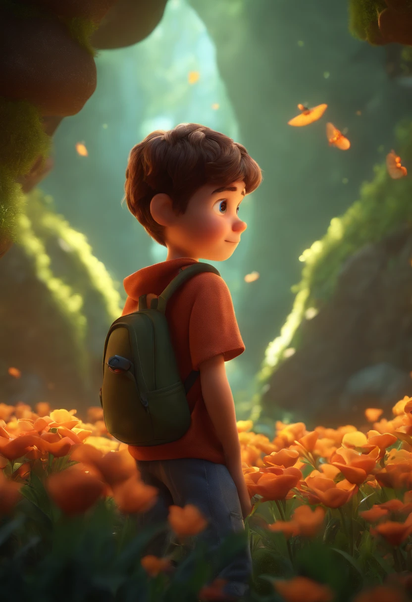 masterpiece, best quality, 4k,( Pixar - style :1.4), 1boy,(Cute,handsome,wearing outdoor sportswear :0.7), 3D,full body,(Face close-up :1.2), (In a cave, at night, surrounded by glowing plants, flowers, flying fireflies, bonfires), (Ultra detailed, aesthetic, beautiful composition, rich bright colors, volumetric soft light). unreal Engine, octane render, cuteness render, Adobe Photoshop, awe inspiring, beautiful, cute ,