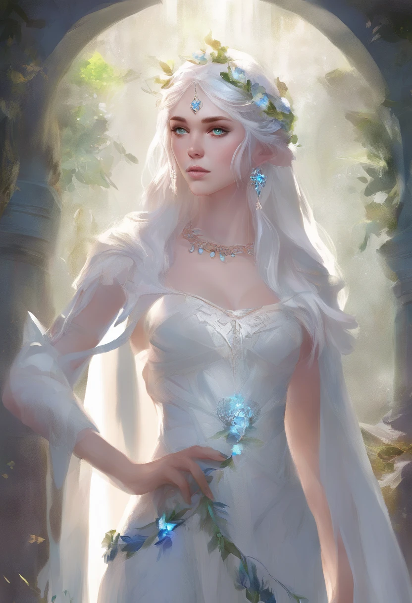 1 Elf Girl, small breasts, white hair, long hair, blue eyes, earrings, white Greece dress, translucent dress, wreath,