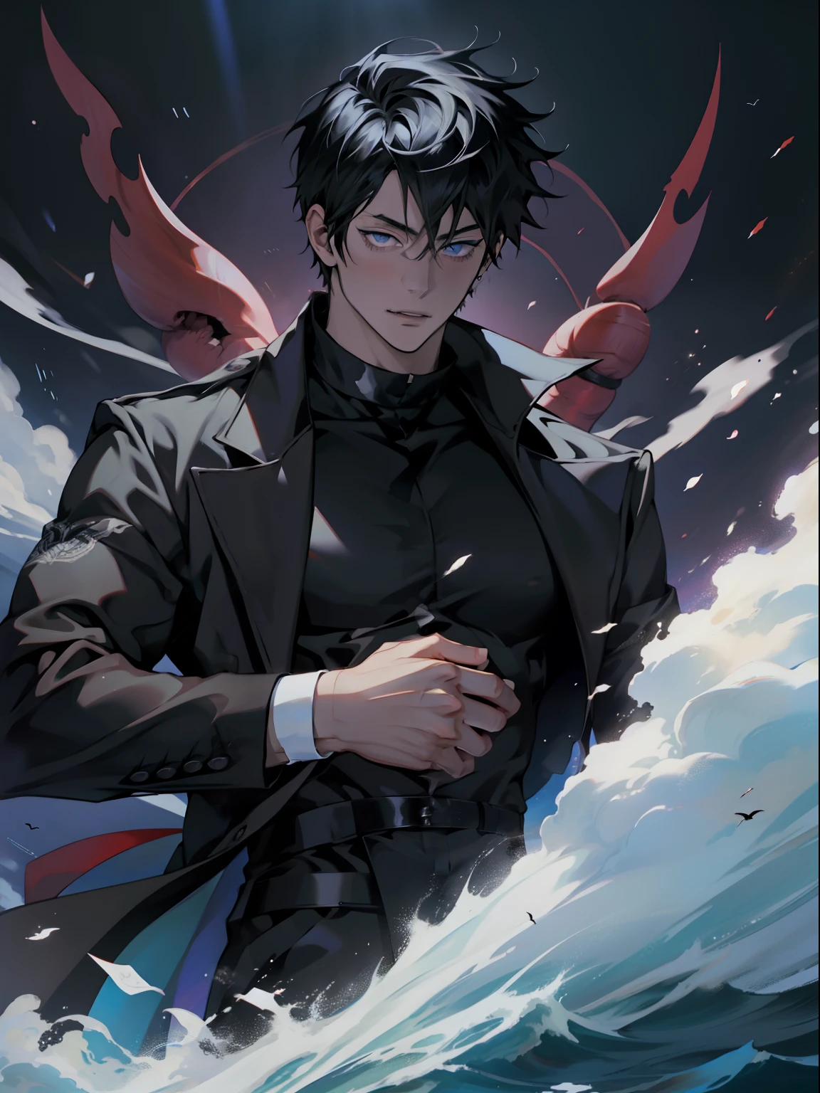Chico anime entre centeno donde se pone el sol, Anime hombre guapo,Yoo Joonghyuk, Cabello de color negro,vestido de negro, Hermosa pose de anime, Retrato de anime de un hombre guapo, inspirado por Okumura Masanobu, Chico guapo en el arte del asesino de demonios, Chico de anime alto con ojos grises, Arte clave del anime, inspirado por Okumura Togyu, Key anime images, Joven hombre de anime