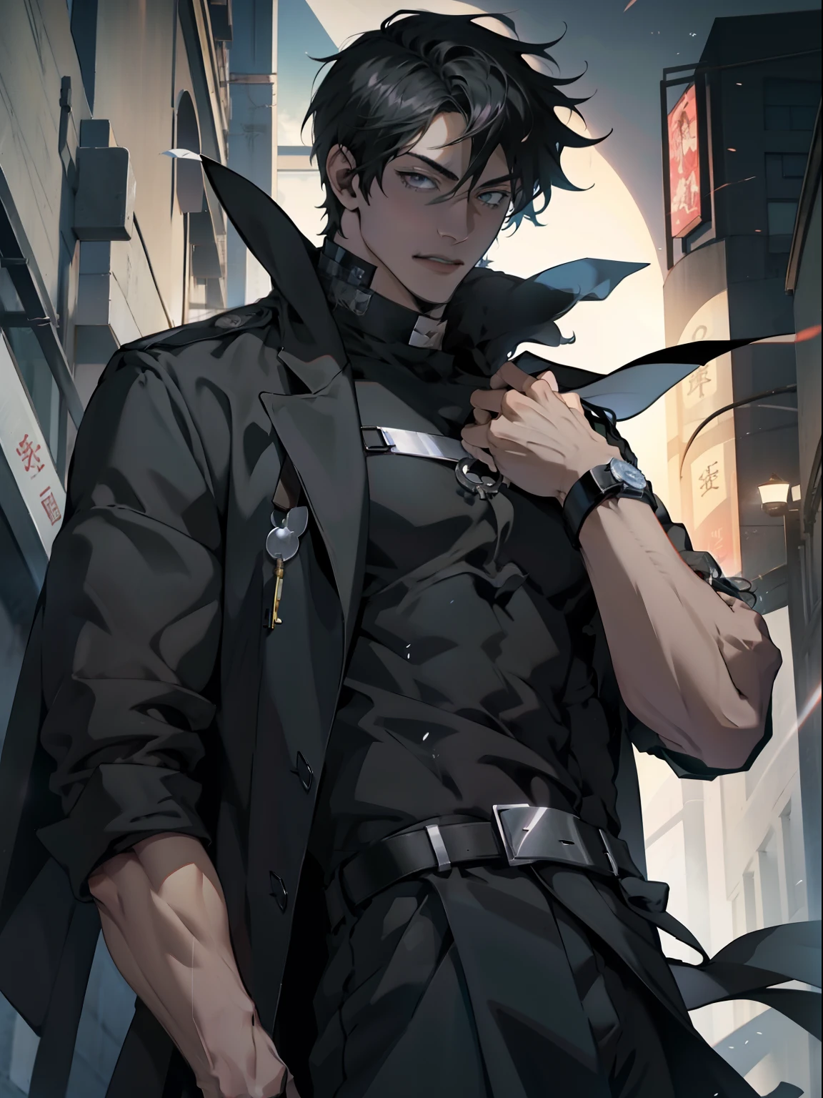 Valus is an ordinary demon standing at 1.75m tall. He has short black hair and red eyes. His skin is pale. He wears a black uniform with a white shirt underneath and black boots. Big bulge in pants. Flirty smile