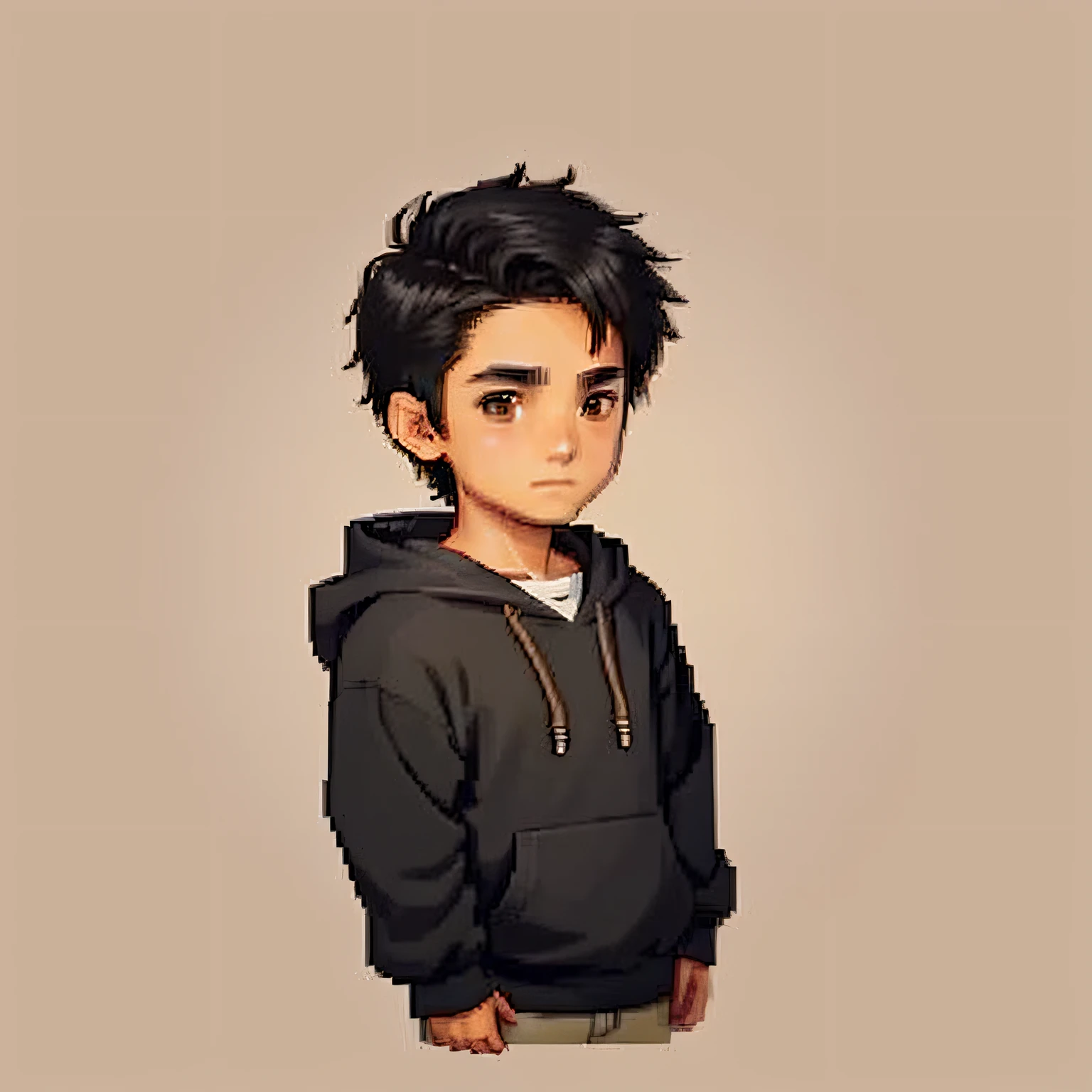 Masterpiece, Best quality, Original, Sketch, traditional_Mediums, Simple_Background, Boy, Male, Medium hair, Black hair, Brown eyes, Hoodie , Halo, Indian_Style,