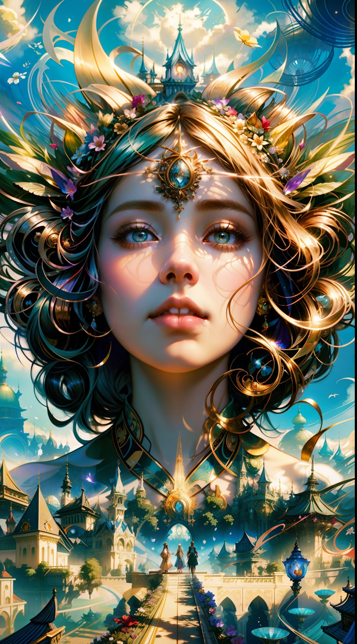 A closeup of a woman with a flower hat on her head, Beeple e Jeremias Ketner, arte digital de fantasia detalhada, Beeple e Alphonse Mucha, Arte bonita UHD 4K, stunning digital illustration, Dan Mumford Tom Bagshaw, arte fantasia behance, Artgerm Julie Bell Beeple, Estilo Peter Mohrbacher