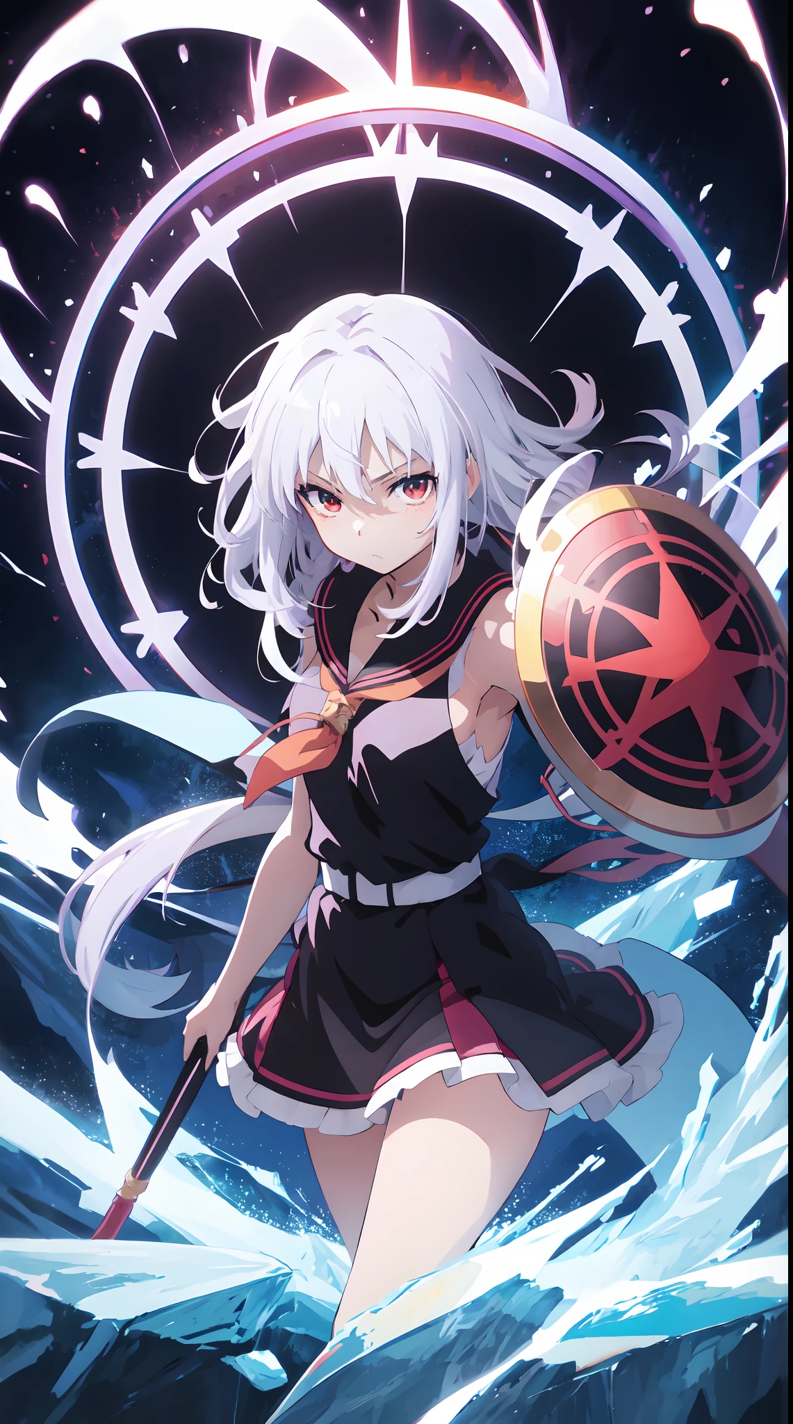 anime girl with white hair and red eyes holding a shield, blue magic circle, ice magic, best anime 4k konachan wallpaper, white haired deity, zerochan art, anime art wallpaper 8 k, anime style 4 k, ufotable art style, detailed anime art, anime art wallpaper 4 k, anime art wallpaper 4k, ryuko matoi, white haired, anime wallaper
