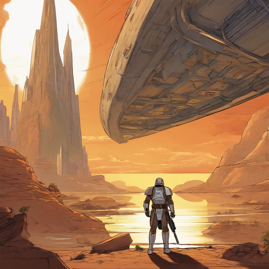 "Star Wars", a space ship, One man, standing in front of the tunnel, concept art by Magalie Villeneuve, trending on cg society, antipodeans, reimagined by industrial light and magic, A scene from the movie "Star Wars": The Old Republic", concept art by Ralph McQuarrie