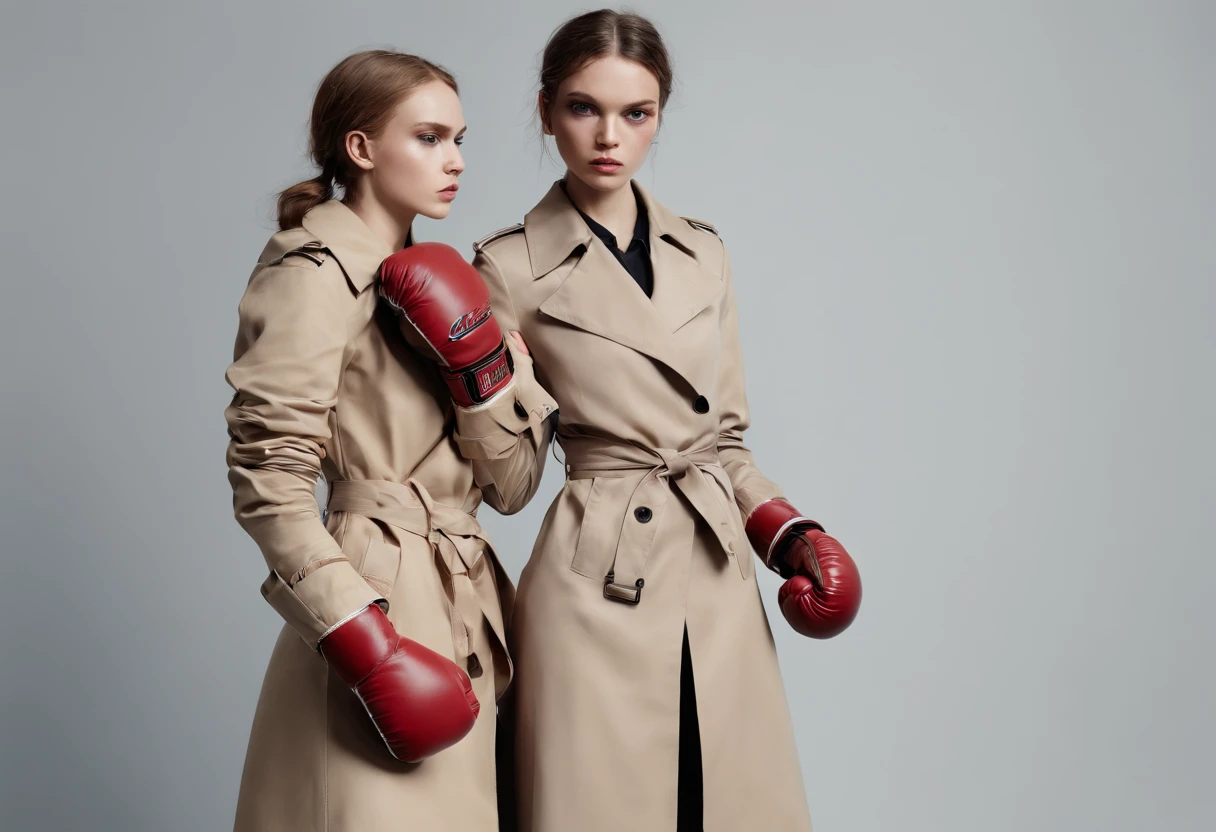 2girls,(boxing:1.5),trench coat