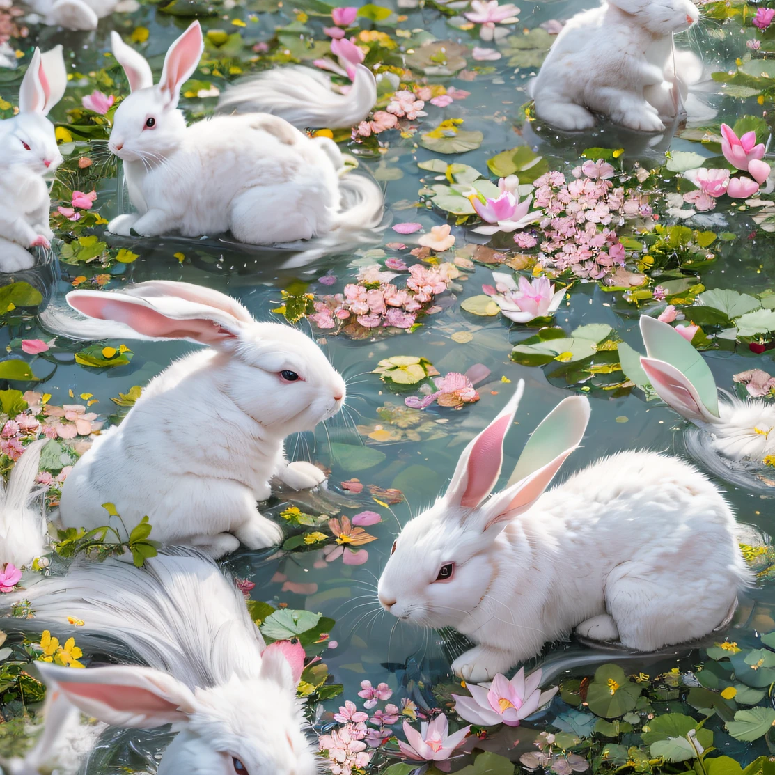 White Longhair Rabbit 32K(tmasterpiece,k hd,hyper HD,32K) a color, Flowing white long-haired jade rabbit(Slightly drunk jade rabbit), (blusher), Combat posture, looking at the ground, Flowing white long-haired jade rabbit, Floating hair, Carp pattern headdress, White long-haired jade rabbit (Abstract jade splash:1.2), Fallen leaf background,Pink and white lotus flowers fly(realisticlying:1.4),Falling leaves fluttering background pure, A high resolution, the detail, RAW photogr, Sharp Re, Nikon D850 Film Stock Photo by Jefferies Lee 4 Kodak Portra 400 Camera F1.6 shots, Rich colors, ultra-realistic vivid textures, Dramatic lighting, Unreal Engine Art Station Trend, cinestir 800,Flowing white long-haired rabbit,Moon