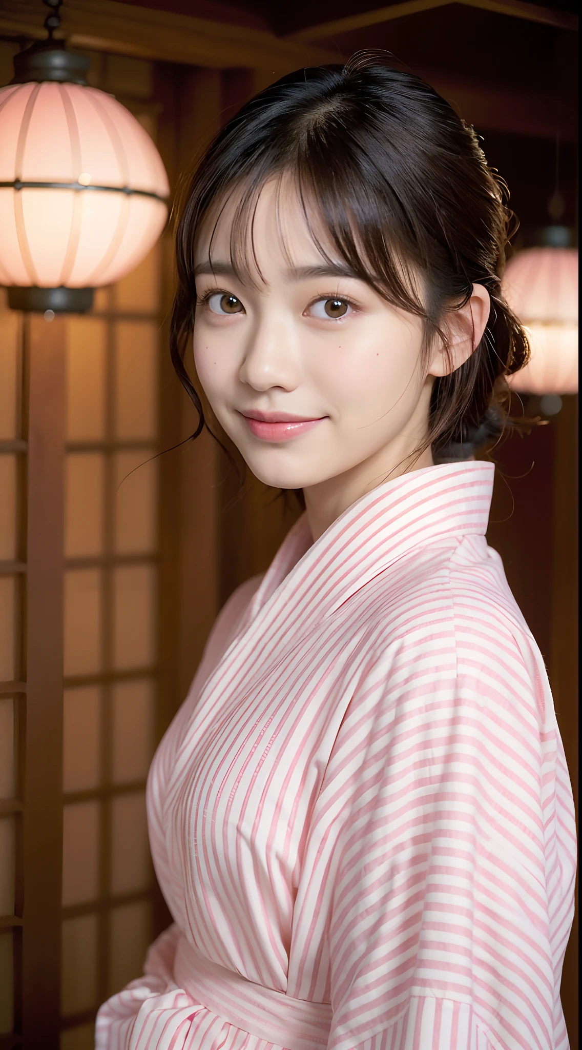 (natta:1.7), East Asian Architecture, 1womanl, 、Beautiful shiny straight semi-long、Beautiful fingers,Beautiful long legs,Beauty Body,Cute nose,Beautiful character design,perfect eyes,face perfect,looking at viewert,(Innocent_Big_Eyes:1.0),(light_Smile:0.3),offcial art,ighly detailed ,(tmasterpiece:1.0),(best_quality:1.0), 超A high resolution,4K,ultra - detailed, photography of, 8K, nffsw, hight resolution, the background is blurred, (Beautiful_Face:1.5),(8K,Raw photo, 、Relax at a ryokan in Japan、The background is an ordinary inn(Depict the inside of the room more widely:1.2)(Girls are not subjects:1.3) (Hair after a bath:1.3)), ((There is a large Japan garden outside the inn........................:1.3),((Girl is outdoors in beautiful Japan garden at night:1.3))((The main character is Japan garden))(((Girl in a yukata at an inn、Walk through the inn's passages at night:1.3)),((On the right is a beautiful Japan garden lit up...............:1.3))((Rock garden of Kyoto Ryoanji Temple:1.3))((Full body like:1.3))(((No need for a Korean yukata or Korean-style hairstyle.:1.9)))((Yukata does not need gloss at all..:1.8))),(((faithfully, Realistic and accurate depiction of a purely Japan yukata、reproduction:1.5)))((Yukata with light blue stripes isolated on white background:1.7)),((Light Pink Band))((A slight smile:1.3))
