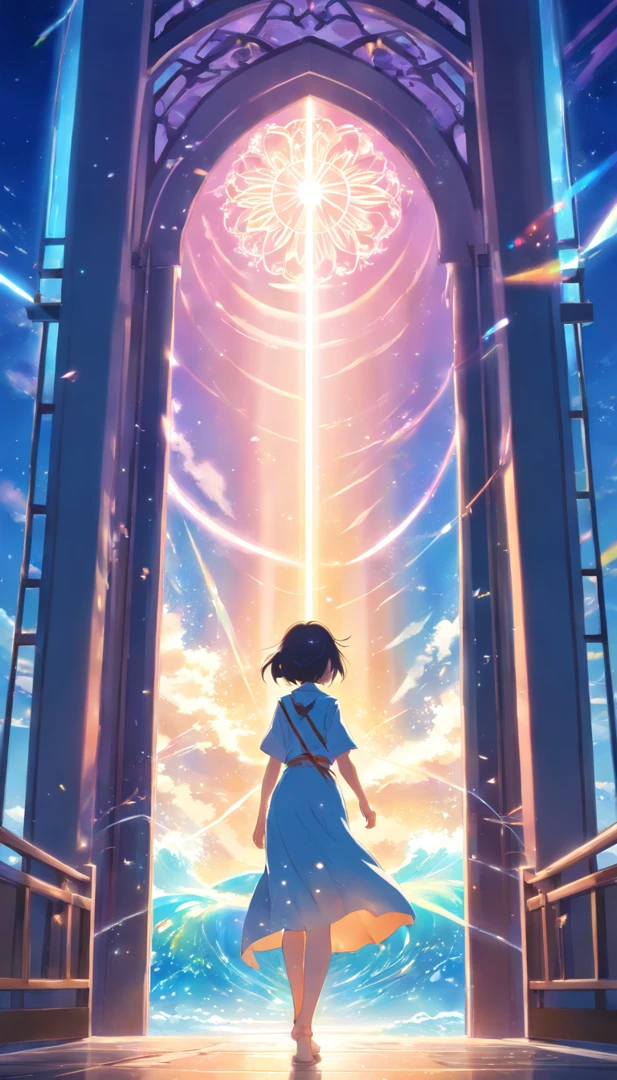 anime big breast、author：Shinkai sincerely、Faraway view、Landscapes、vanishing point、Outrageous resolution、A high resolution、ultra - detailed、The upper part shows the universe、Below is the sea、Bright atmosphere、fanciful、magia、Mare、In the daytime、Clean blue sky、The sun shines、prisms、beautiful light up、Bright lighting、Soft lighting、Many shining magic lights、Mysterious gate、(Spark:0.7)