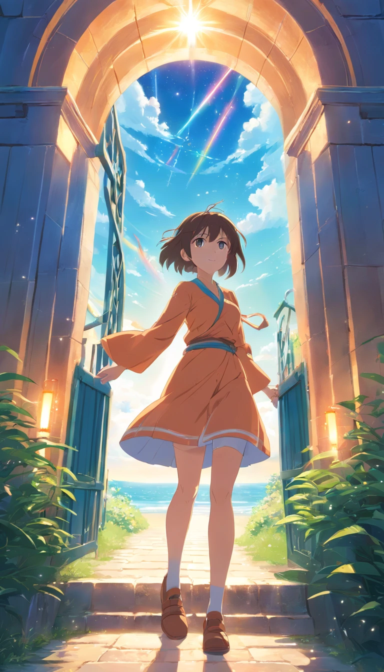 anime big breast、author：Shinkai sincerely、Faraway view、Landscapes、vanishing point、Outrageous resolution、A high resolution、ultra - detailed、The upper part shows the universe、Below is the sea、Bright atmosphere、fanciful、magia、Mare、In the daytime、Clean blue sky、The sun shines、prisms、beautiful light up、Bright lighting、Soft lighting、Many shining magic lights、Mysterious gate、(Spark:0.7)