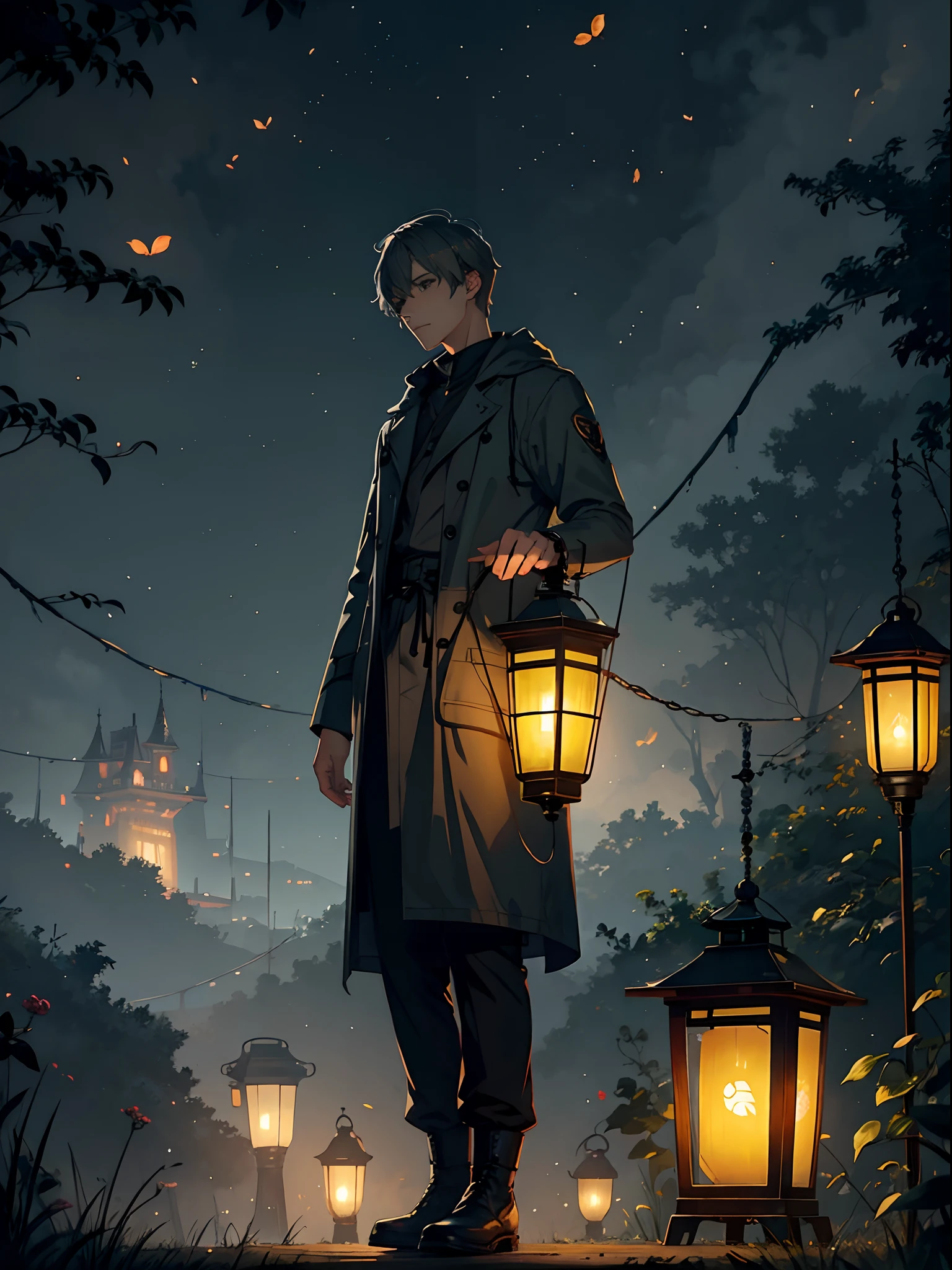 Very thick fog, Gray color around, Phantom beauty, Fireflies fly, Vintage lantern, anime guy