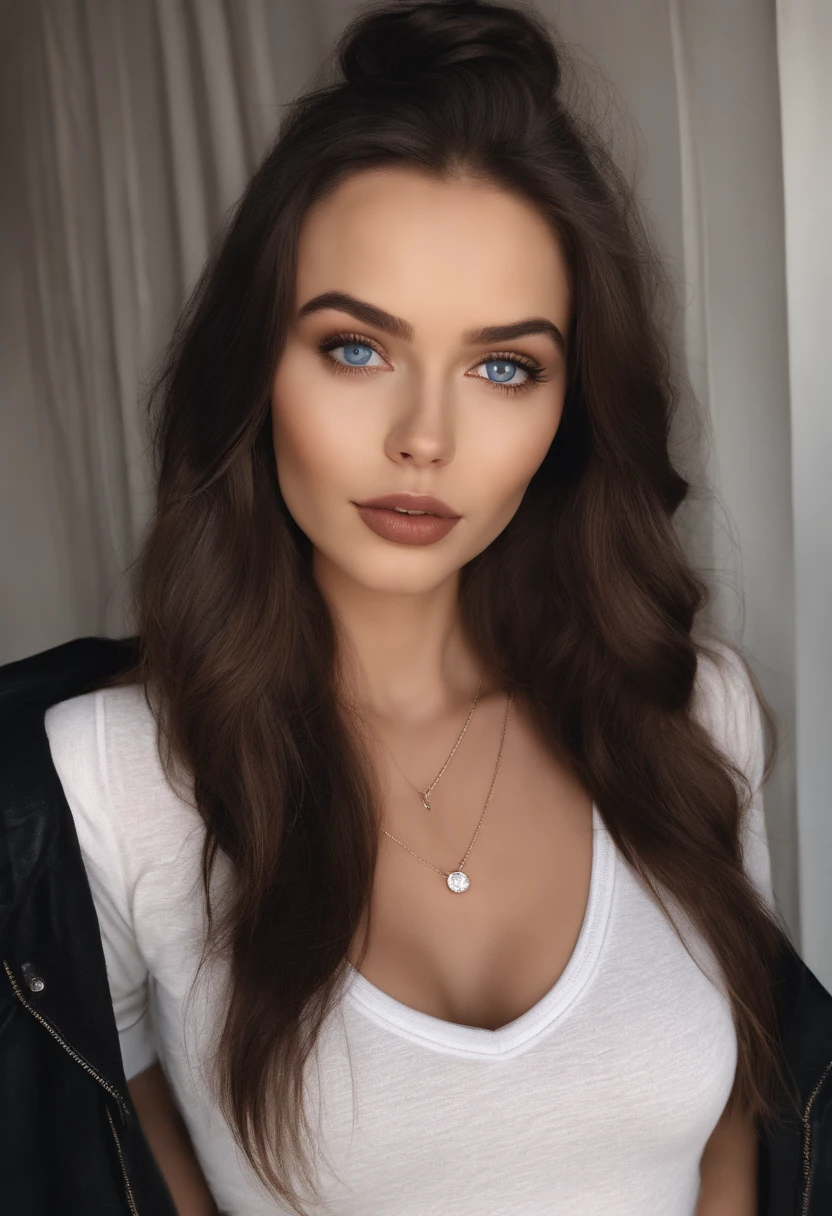 Arafed woman in a white T-shirt WITH A NECKLINE and a necklace, Sexy girl with BLUE eyes, Portrait Sophie Mudd, black hair and big eyes, selfie of a young woman, Camera eyes, Violet Myers, No makeup, Natural makeup, Looking directly at the camera, Face with Artgram, Subtle makeup, Great full body photo, penetrating blue eyes, in THE CLUB, half body