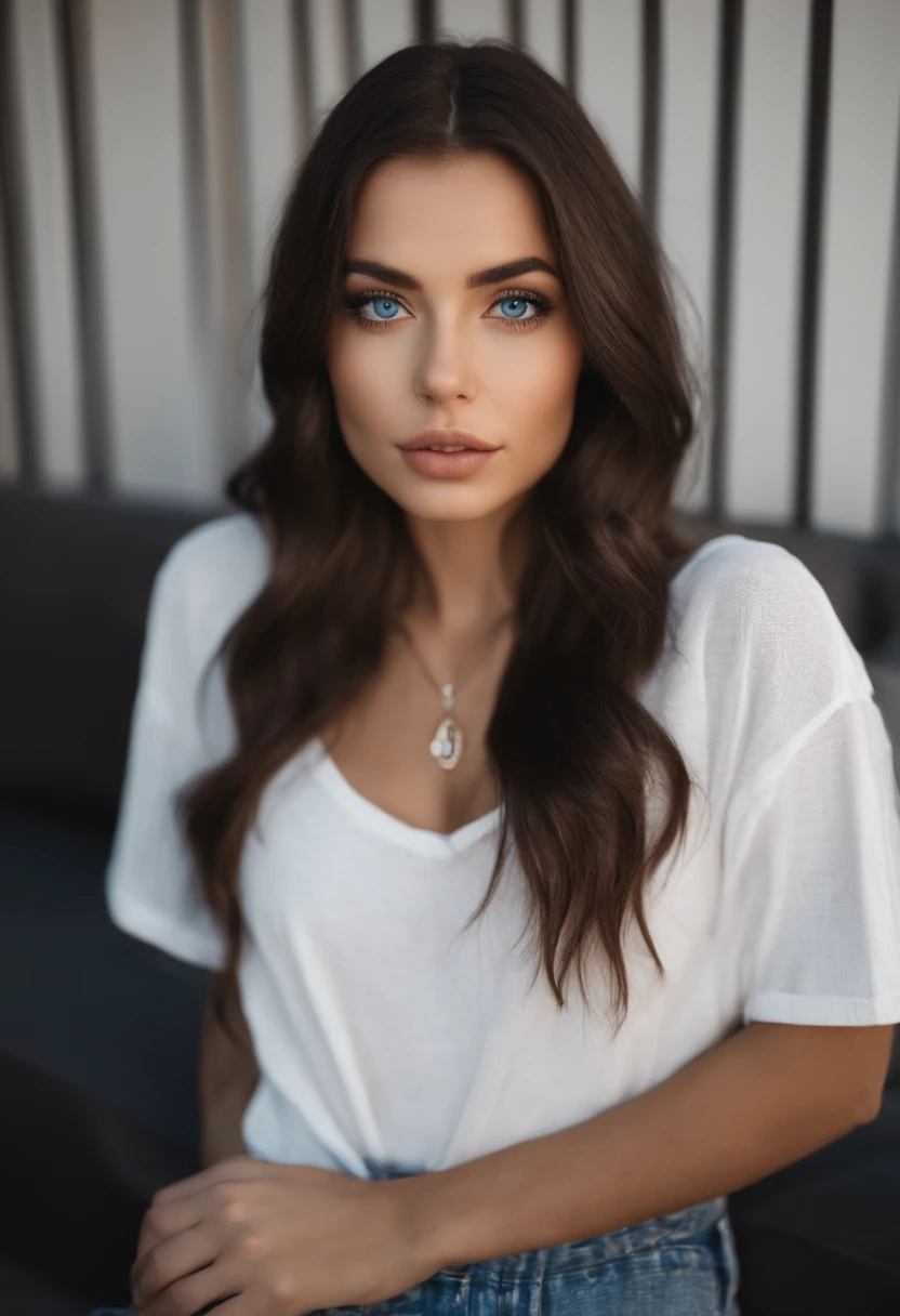 Arafed woman in a white T-shirt WITH A NECKLINE and a necklace, Sexy girl with BLUE eyes, Portrait Sophie Mudd, black hair and big eyes, selfie of a young woman, Camera eyes, Violet Myers, No makeup, Natural makeup, Looking directly at the camera, Face with Artgram, Subtle makeup, Great full body photo, penetrating blue eyes, in THE CLUB, half body