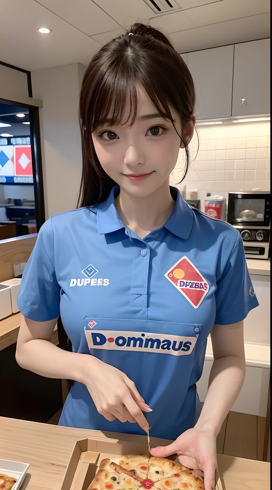 {8K Photo Quality:1.2}、{Ultra-high resolution photo quality:1.2}、{Super Real 1.2}、{Perfect limbs}、{japanes}、masutepiece、NSFW、1womanl、Wearing a Domino's Pizza uniform、Serving customers with a shy face