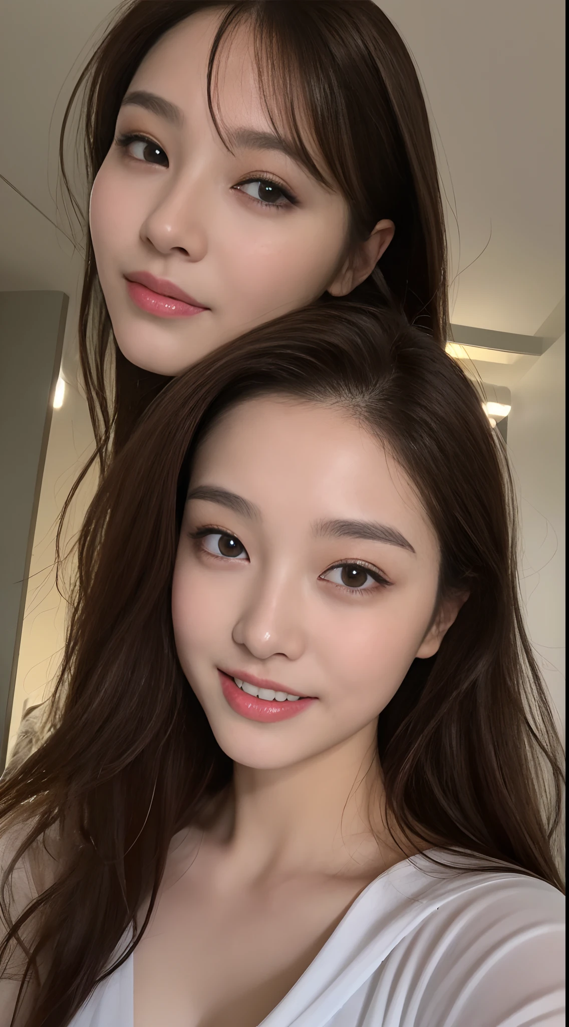 ((Night, Best Quality, 8K, Realistic)), Perfect body beauty: 1.4, Slender abs: 1.2, ((Long dark brown hair: 1.1, Medium Breasts: 1.2)), (Thin tight pajamas: 1.1, , Standing: 1.2), (Indoor, Rain: 1.1, Rain window background, Night light view: 1.1), (Wet hair: 1.1), Highly detailed face and skin texture, detailed eyes, double eyelids, seductive smile, full body camera view, selfie camera view, (Face looking at the camera, Holding the camera: 1.2, Selfie: 1.2)