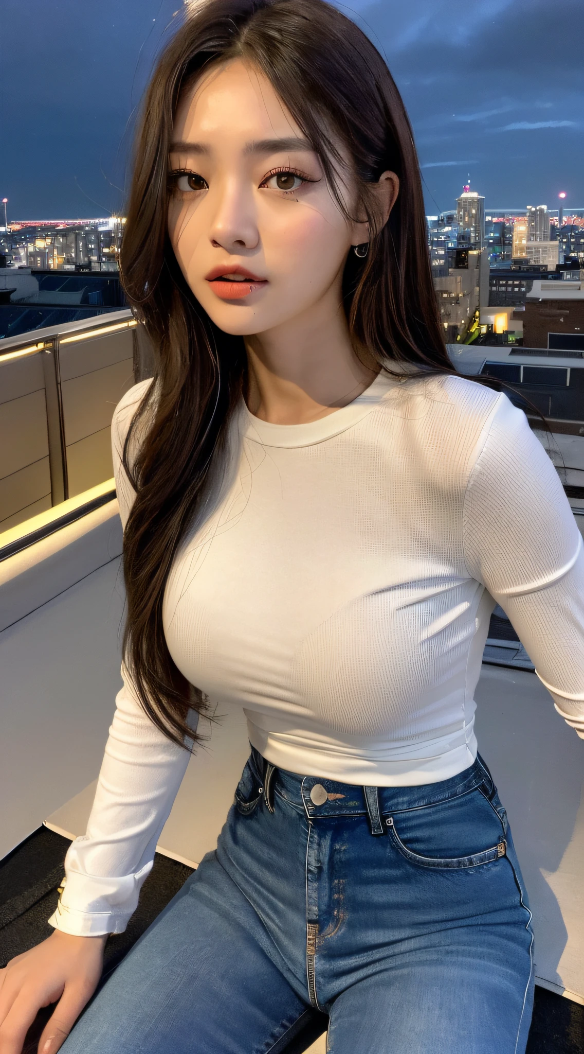 ((midynight、top-quality、8K、tmasterpiece:1.3)), full bodyesbian, long leges, foco nítido:1.2, A Beautiful Woman with Perfect Figure:1.4, Slender abs:1.1, ((dark brown  hair、huge tit:1.2)), (white tight t-shirt、skintight jeans 、It's standing:1.2), ((night cityscape、on the rooftop:1.3)), Highly detailed facial and skin texture, A detailed eye, 二重まぶた