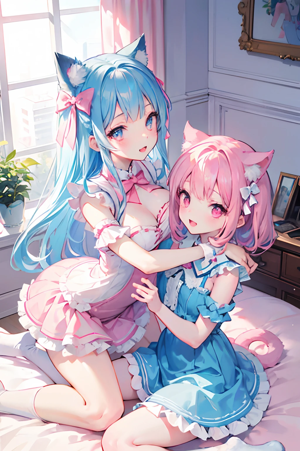 NSFW,Two s,Colossal tits,selfee,embracing each other,Cat Pose,Light blue hair,Light pink hairstyle,Cat ears,Pink eyes,Light blue Lolita,whitck,Lori,pink bows,Smile with open mouth,Top image quality,Best Quality