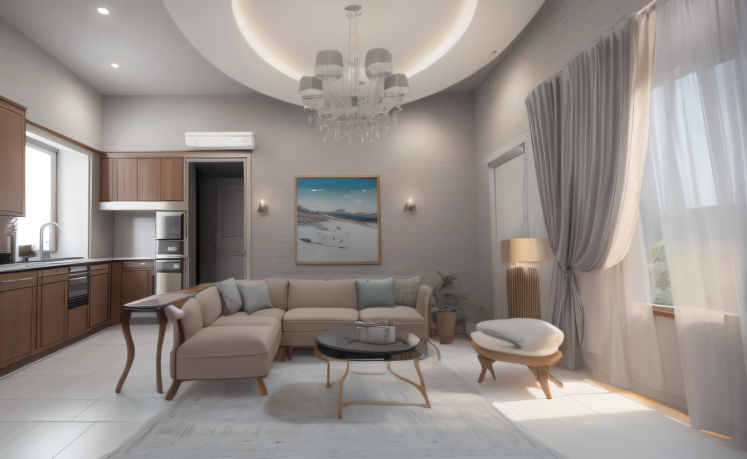 A living room extend kitchen area, Ultra realistic, masterpiece, best quality, super detailed, ultra hight res, raw photo, 8k