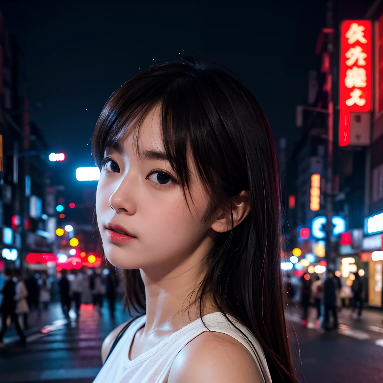 1girl, Tokyo street,night, cityscape,city lights, upper body,close-up, 8k, RAW photo, best quality, masterpiece,realistic, photo-realistic,