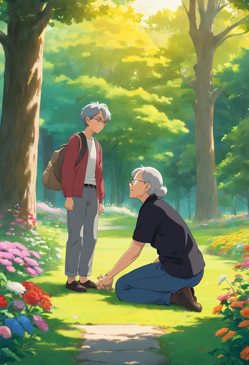a young man with a sleek black t-shirt and fitted jeans, kindly assisting an elderly woman who has stumbled and fallen to the ground. The old woman is dressed in a dignified black and gray uniform, which has also fallen onto the grassy terrain. This heartwarming scene takes place in a serene park adorned with vibrant flowers and towering trees. Captured from a Dutch Camera Angle, the viewer experiences a unique perspective that adds depth and authenticity to the image. The composition is framed as a Long Shot, allowing the viewer to appreciate the expansive park surroundings while focusing on the compassionate interaction between the young man and the elderly woman. In this Digital art rendition, the colors are rich and vibrant, highlighting the emotions and emphasizing the uplifting nature of the scene.