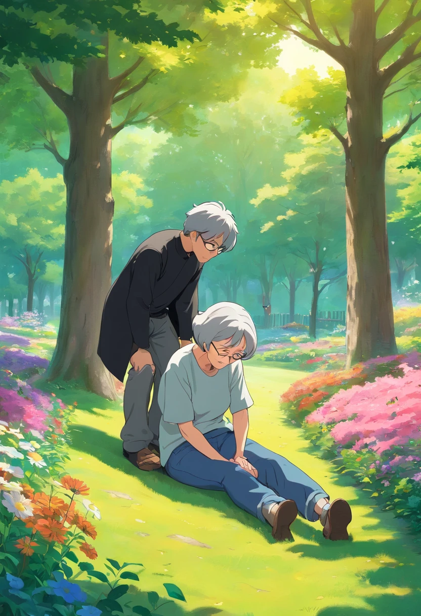 a young man with a sleek black t-shirt and fitted jeans, kindly assisting an elderly woman who has stumbled and fallen to the ground. The old woman is dressed in a dignified black and gray uniform, which has also fallen onto the grassy terrain. This heartwarming scene takes place in a serene park adorned with vibrant flowers and towering trees. Captured from a Dutch Camera Angle, the viewer experiences a unique perspective that adds depth and authenticity to the image. The composition is framed as a Long Shot, allowing the viewer to appreciate the expansive park surroundings while focusing on the compassionate interaction between the young man and the elderly woman. In this Digital art rendition, the colors are rich and vibrant, highlighting the emotions and emphasizing the uplifting nature of the scene.