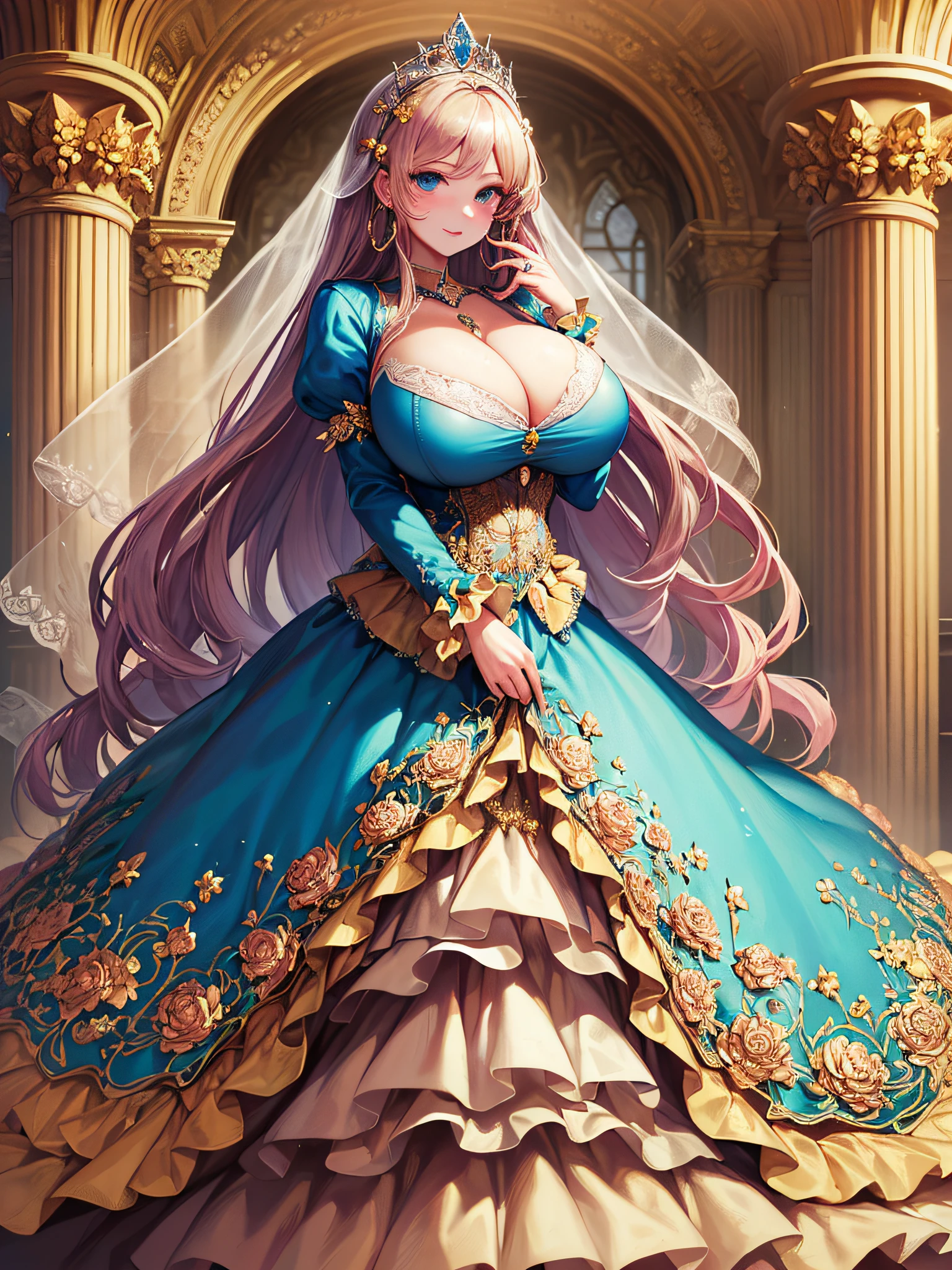 (masterpiece, best quality,extremely detailed:1.1),(moe anime art style:1.3),1 girl,((full body portrait)),standing in palace of versailles,((solo)),cute,kawaii,digital art,(((1 princess wearing gorgeous princess rococo ballgown with voluminous full length hoop skirt))),((crinoline)),long train,((beautiful embroidery and jeweled)),voluminous frills,See-through,(gorgeous embroidery and beautiful lace),(((gigantic tits,skindentation,cleavage))),(((very long hair,very long straight hair))),((finely detailed face and eyes)),clear pupil,extremely gorgeousfull hair ornament,(bling-bling jeweled extremely gorgeousfull tiara),(bling-bling gorgeous gemstone jewelry),long veil,(beautiful background),full body,((gorgeous princess rococo ballgown with voluminous full length hoop skirt))