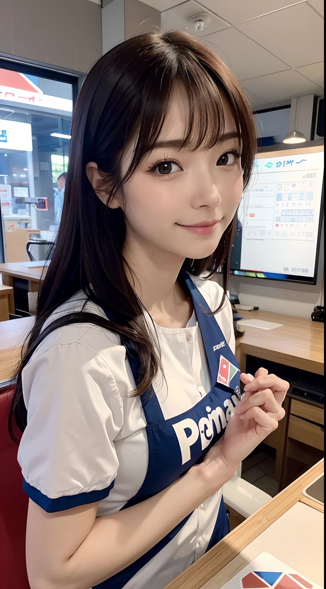 {8K Photo Quality:1.2}、{Ultra-high resolution photo quality:1.2}、{Super Real 1.2}、{Perfect limbs}、{japanes}、masutepiece、NSFW、1womanl、Wearing a Domino's Pizza uniform、Serving customers with a 恥ずかしそうな顔