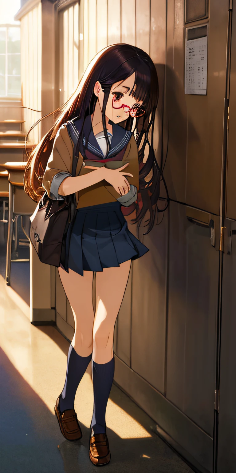 best quality, high resolution, distinct image, concept art, school background, girl, sad, hair, eyes, mouth, hands, feet, clothing, school uniform, natural, relaxed, holding folders, glasses